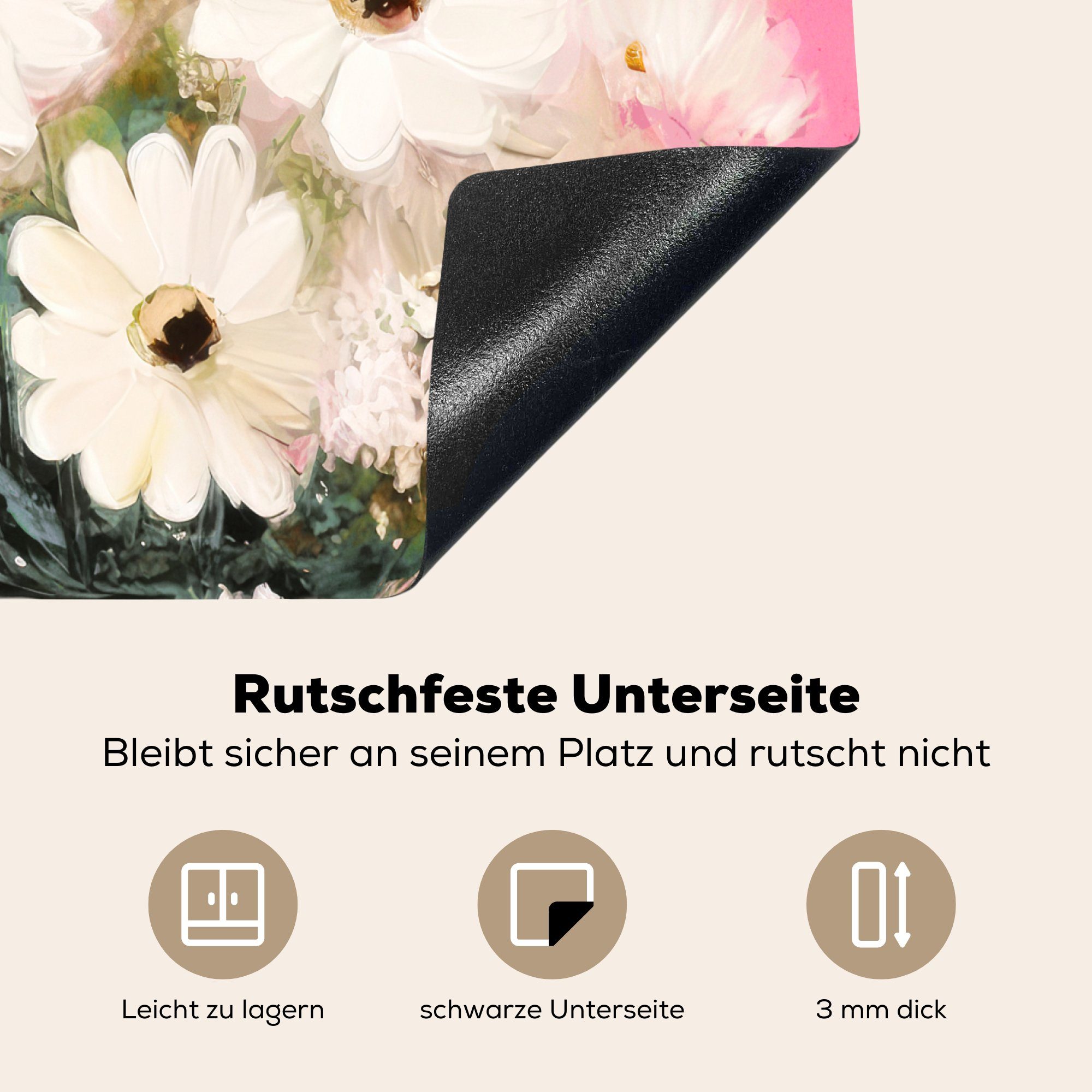 MuchoWow Herdblende-/Abdeckplatte Blumen - tlg), (1 - 60x52 nutzbar, Vase Pflanzen Weiß, - Arbeitsfläche cm, Vinyl, Ceranfeldabdeckung Mobile