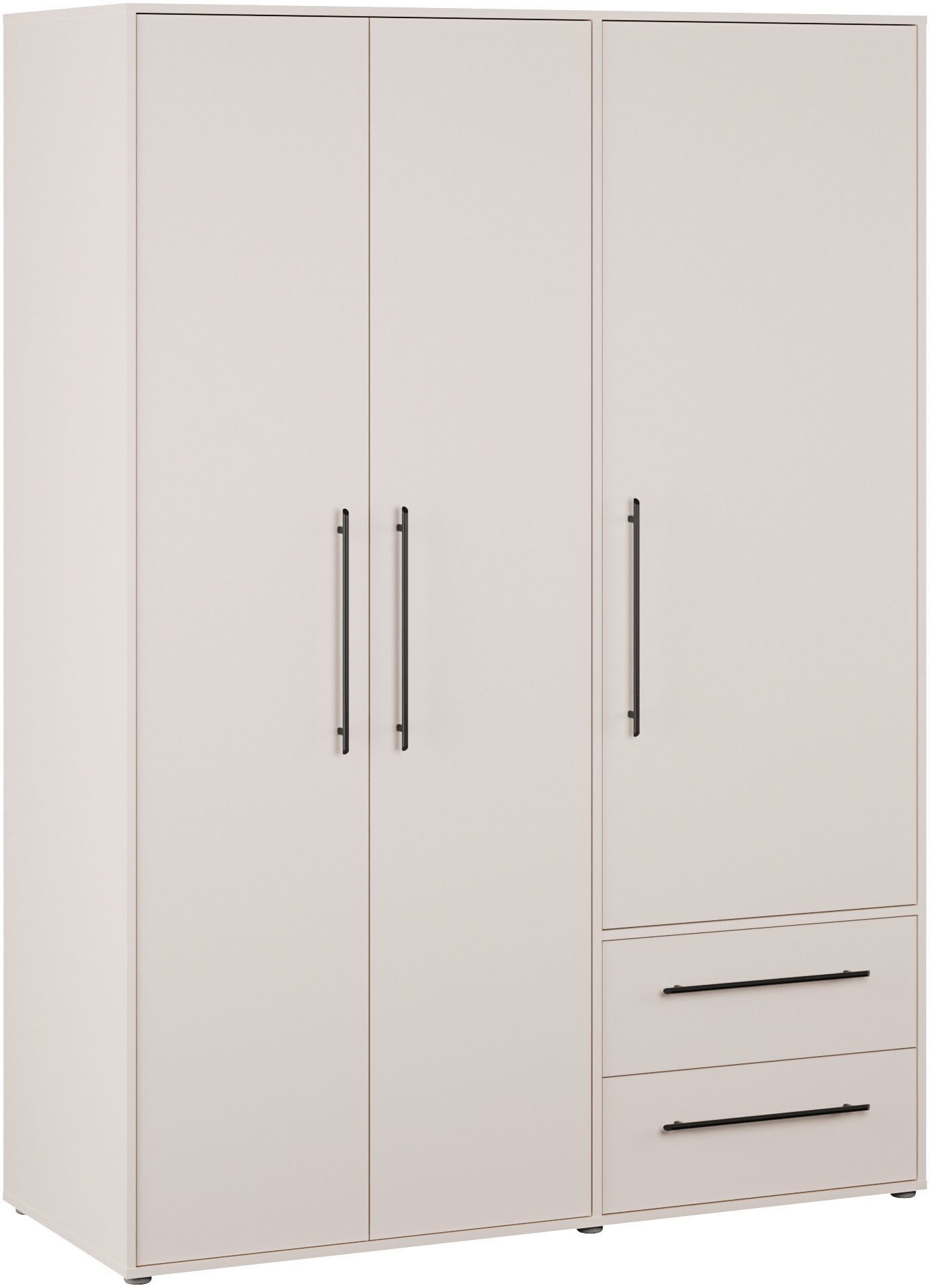 FORTE Kleiderschrank Mokkaris, Garderobe, zeitloses Design, 3 Türen, Made in Europe (B/H/T ca. 144x200x59cm) Zwei Schubladen, schwarze Stangengriffe, Stauraum, auch in Schwarz