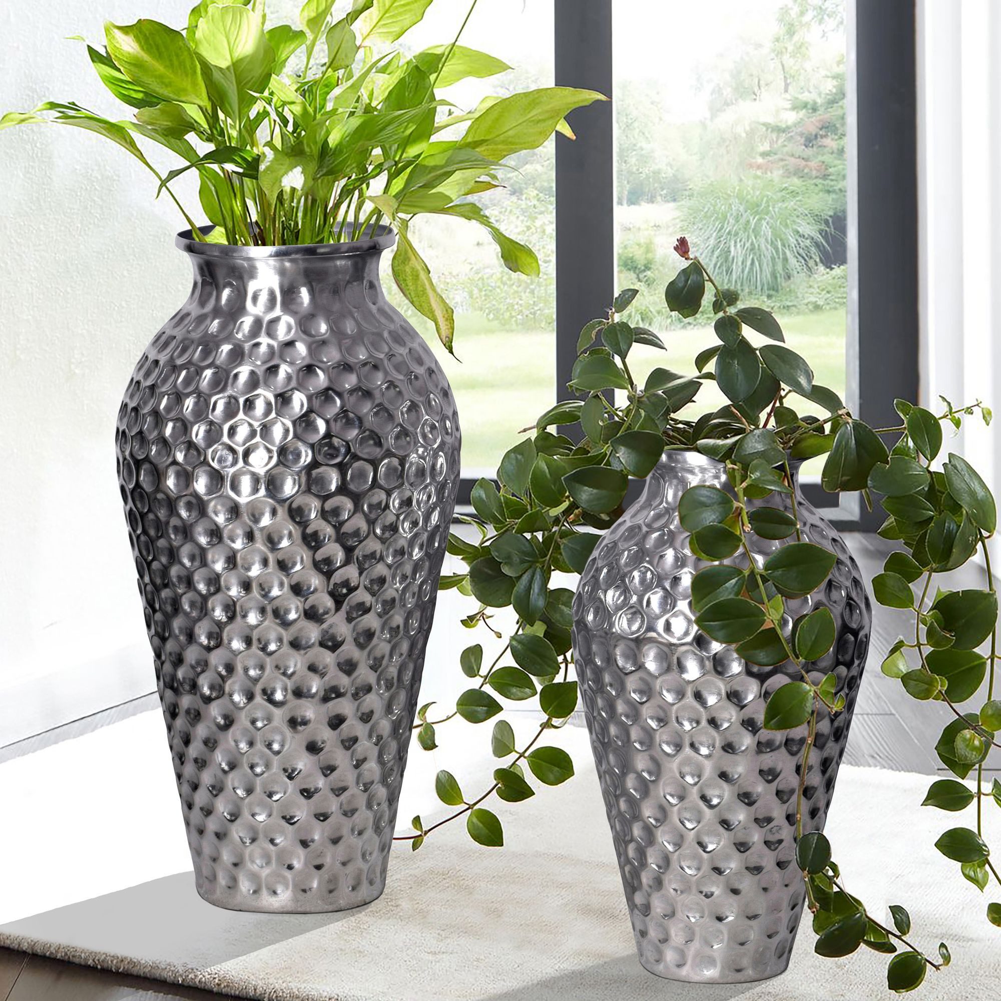 FINEBUY Bodenvase FB65099 Vase 2er Set Blumenvase Aluminium Amphore Tischvase Rund (Dekovase 2-teilig für Blumen Alu Tischvase Metall), 2er Set Aluminium Silber Amphore Blumenvase Modern
