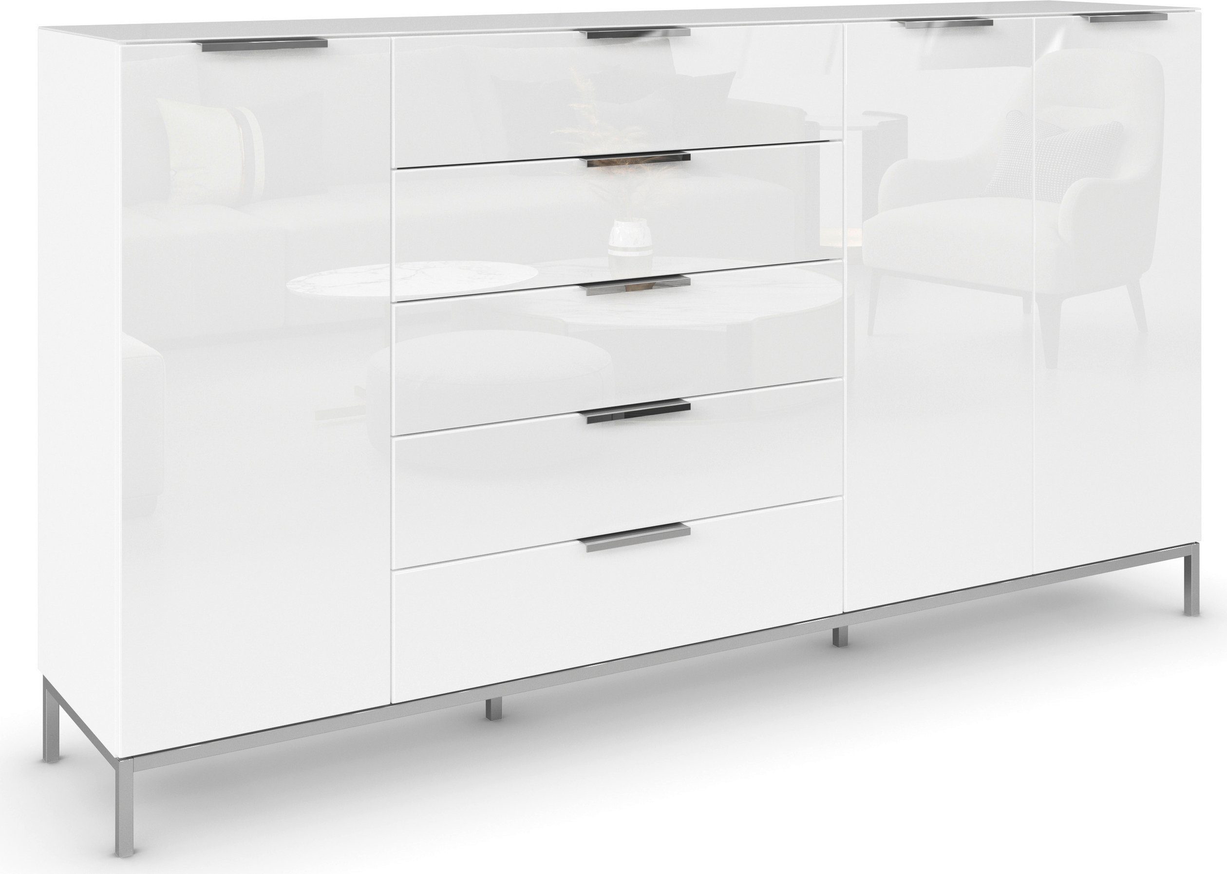 rauch Kombikommode Kommode Türkommode Sideboard Kombikommode FLIPP mit Glasfront (Breite 200 cm mit 4 Einlegeböden), 3-türig, 5 Schubladen, Soft-Close-Funktion, Oberboden und Front Glas