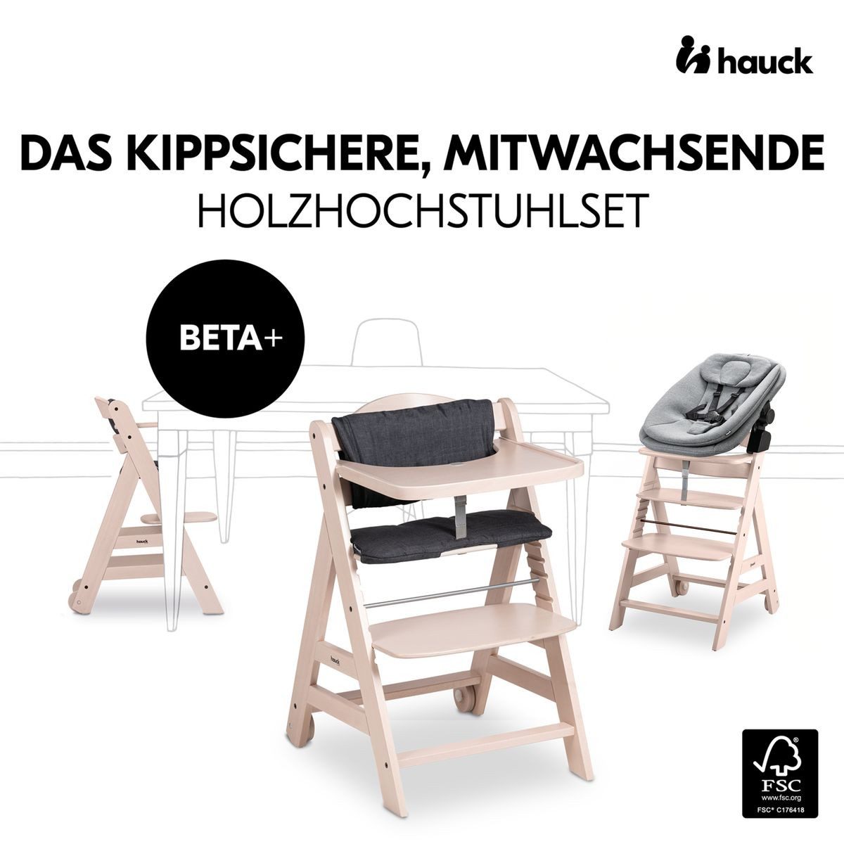 Hauck Hochstuhl Beta Plus Whitewashed Newbornset 3in1 Bouncer (Set), Holz Babystuhl ab Geburt mit Neugeborenensufsatz, Sitzkissen, Essbrett