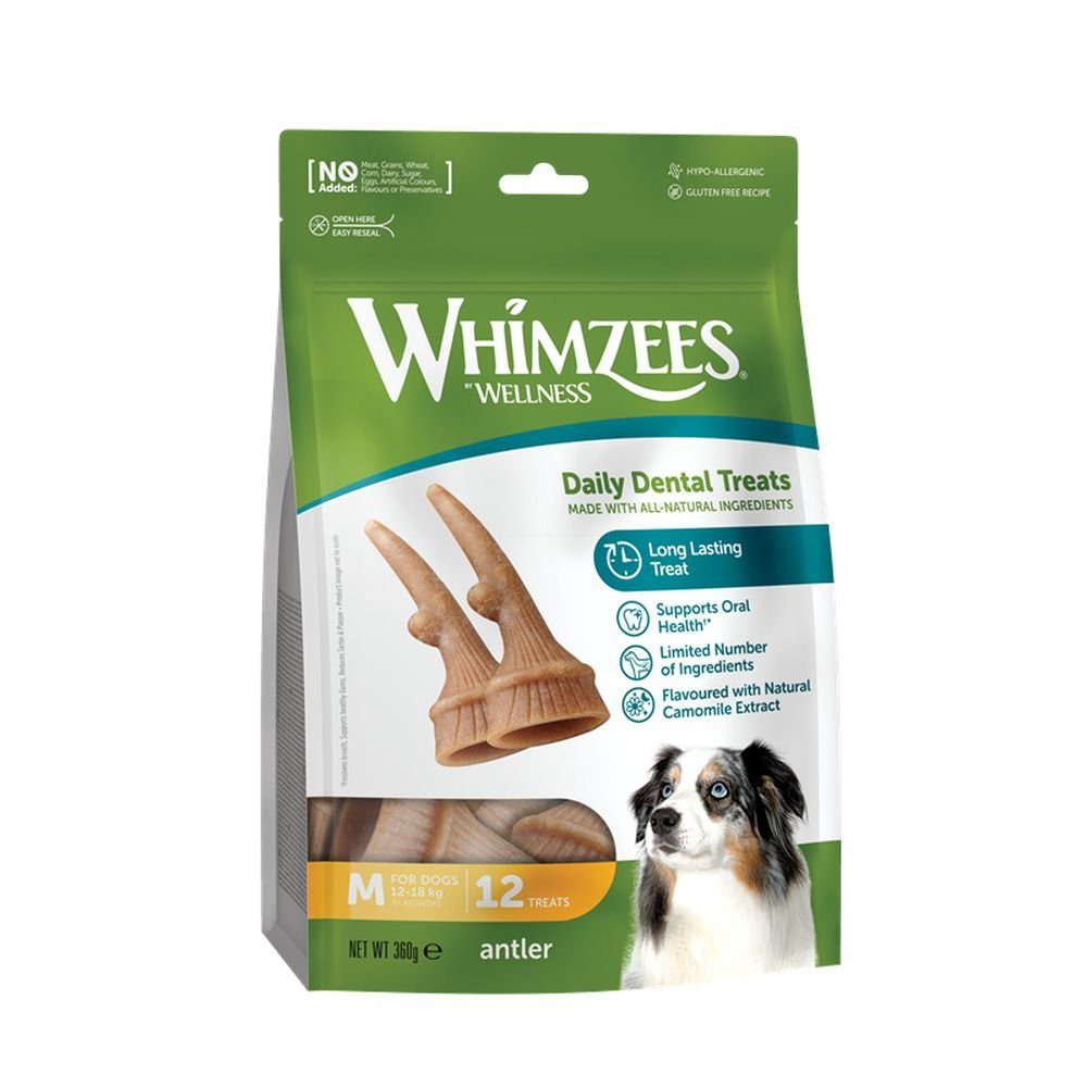 Whimzees Tier-Zahnpflegeset GEWEIH - Vegetarischer Zahnpflege-Snack, Größe M für Hunde 12-18 kg, (12-St)