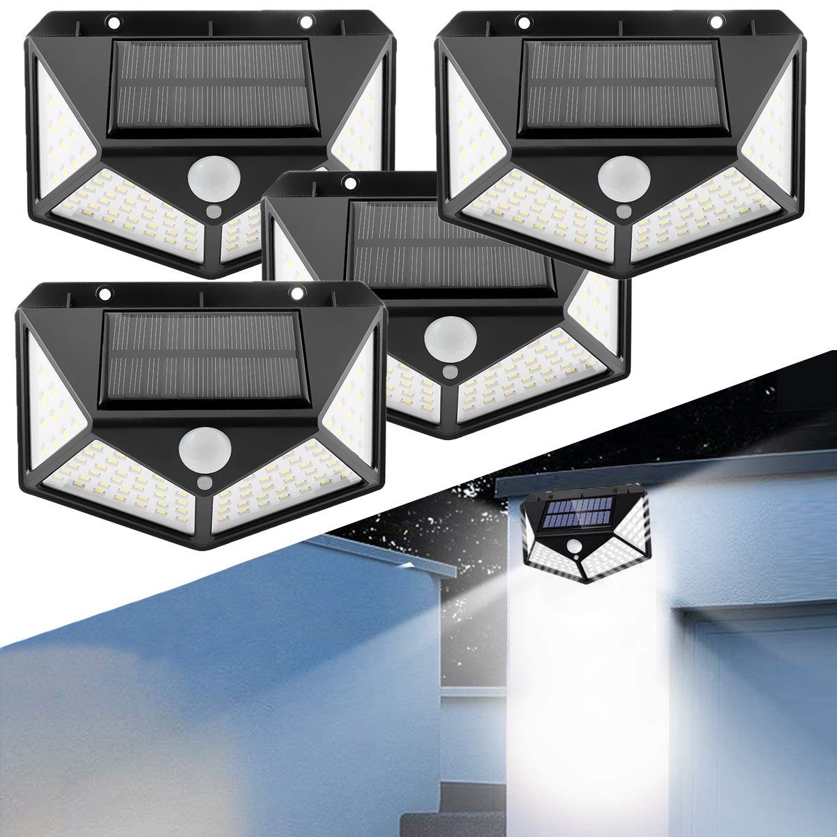 LETGOSPT LED Solarleuchte 4er Lampe Solarleuchte 4x 100 mit Außenleuchte IP65 fest Licht Kaltweiß Bewegungsmelder LED Strahler Außenlampe, Wandleuchte integriert, Gartenlampe LEDs