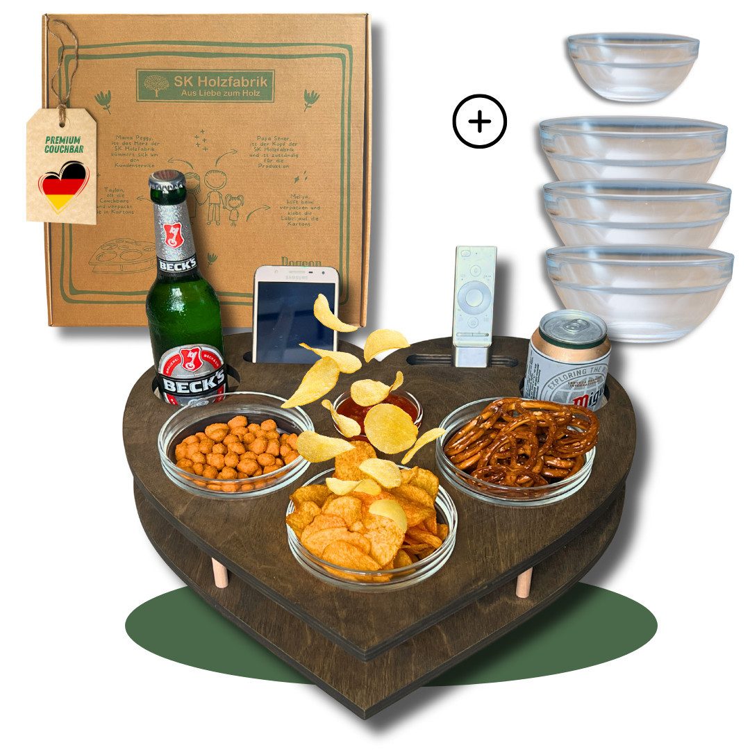 PEGSEN Servier-Set Couchbar mit Handyhalterung Snackbar Herz mit 4 Snackschalen Tablett, Birkenholz, Stabil & Praktisch, lebensmittelechte Glasschalen, Handyhalterung