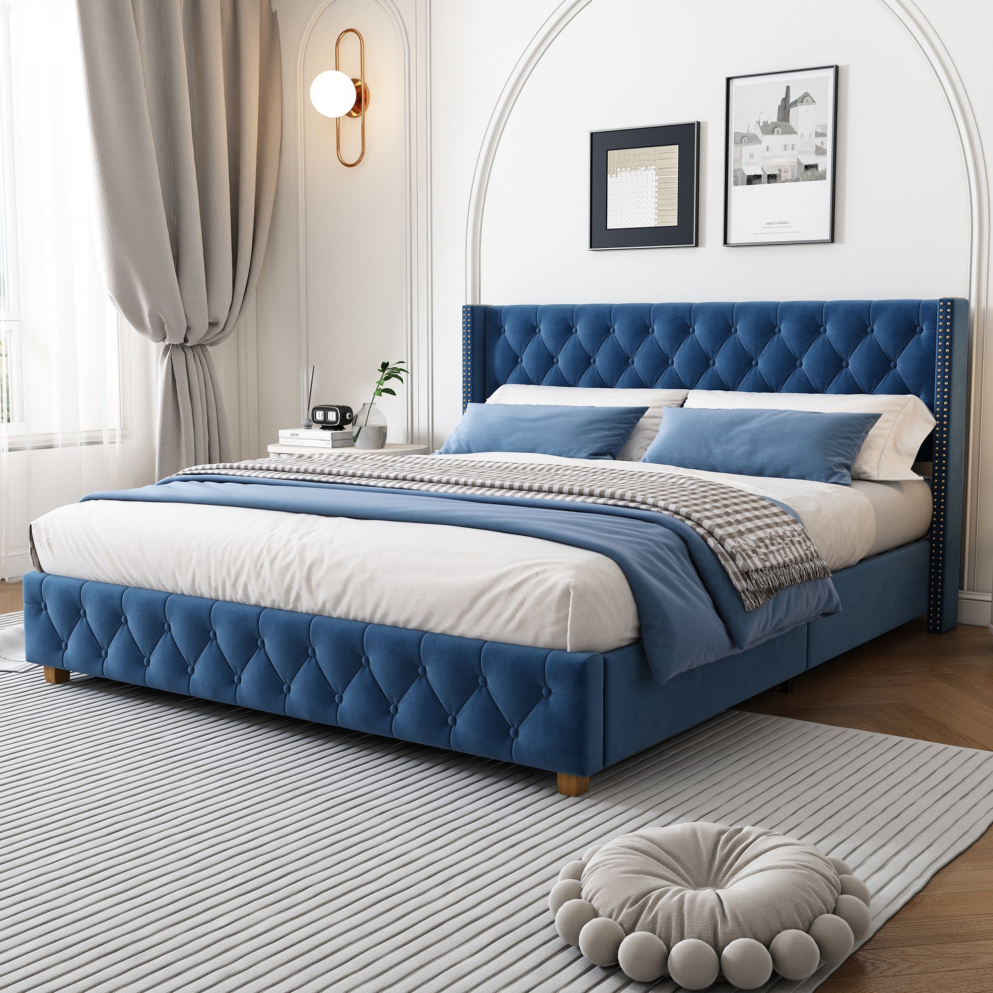 Flieks Polsterbett, Massivholz Doppelbett 160x200cm mit Lattenrost und Polster-Kopfteil