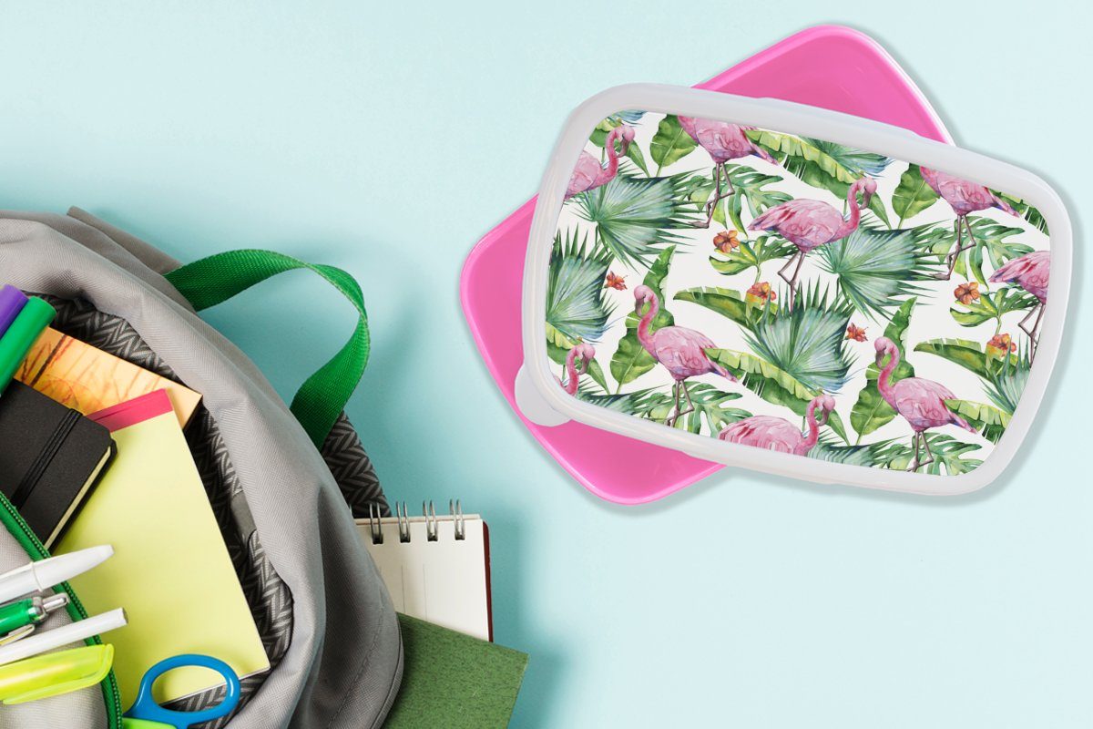 MuchoWow Lunchbox Brotdose Brotbox Erwachsene, (2-tlg), - Snackbox, rosa Kunststoff Mädchen, Kinder, - Kunststoff, Dschungel, Blätter - Flamingo Blumen für
