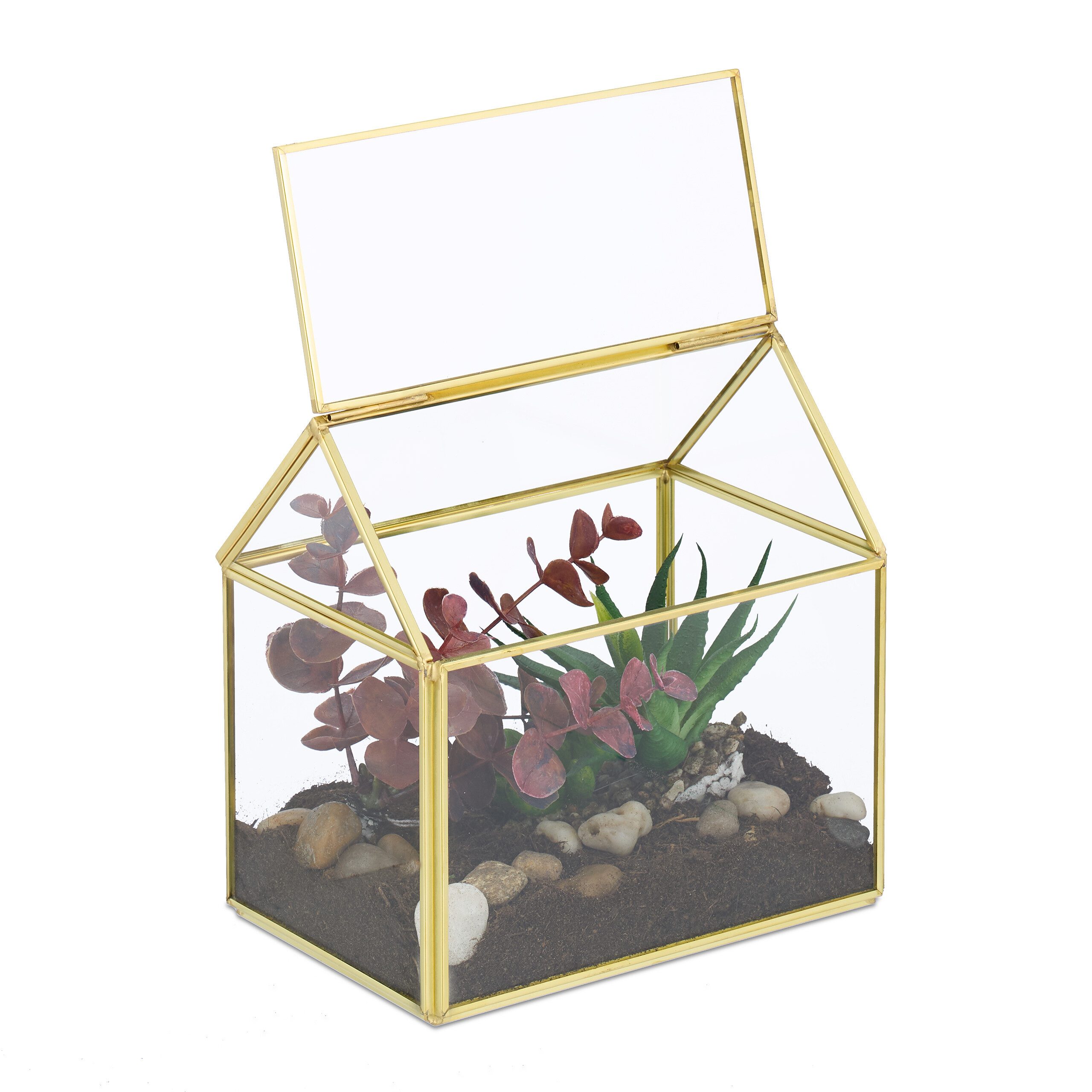 relaxdays Gewächshaus Pflanzenterrarium aus Glas Hausform, 1-St., gold günstig online kaufen