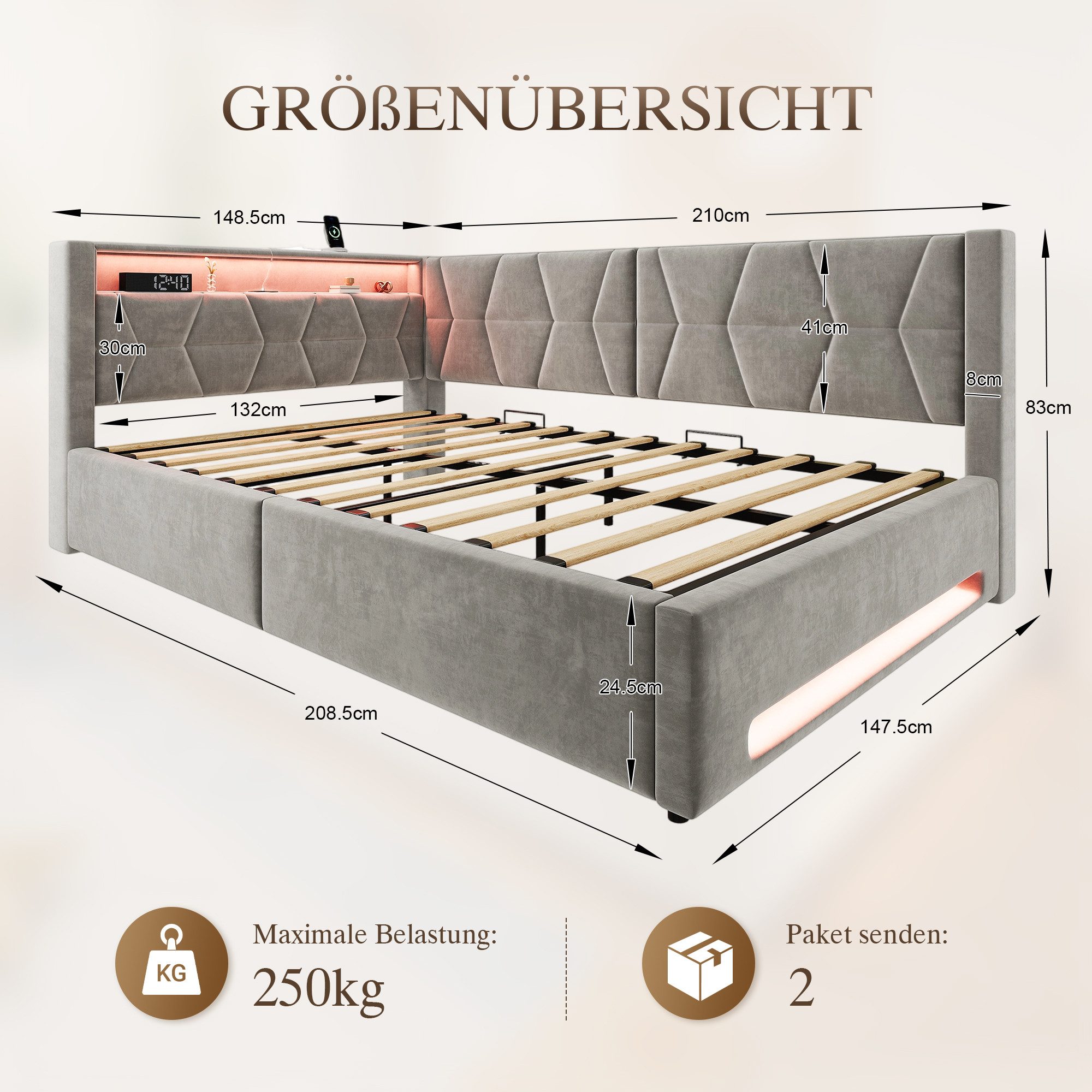 TavilaEcon Polsterbett Samtbett mit LED-Beleuchtung an Kopf- und Fußteil, USB & Type-C (1-tlg), mit Lattenrost, ohne Matratze, 140×200cm, grau – Bild 3 von 5
