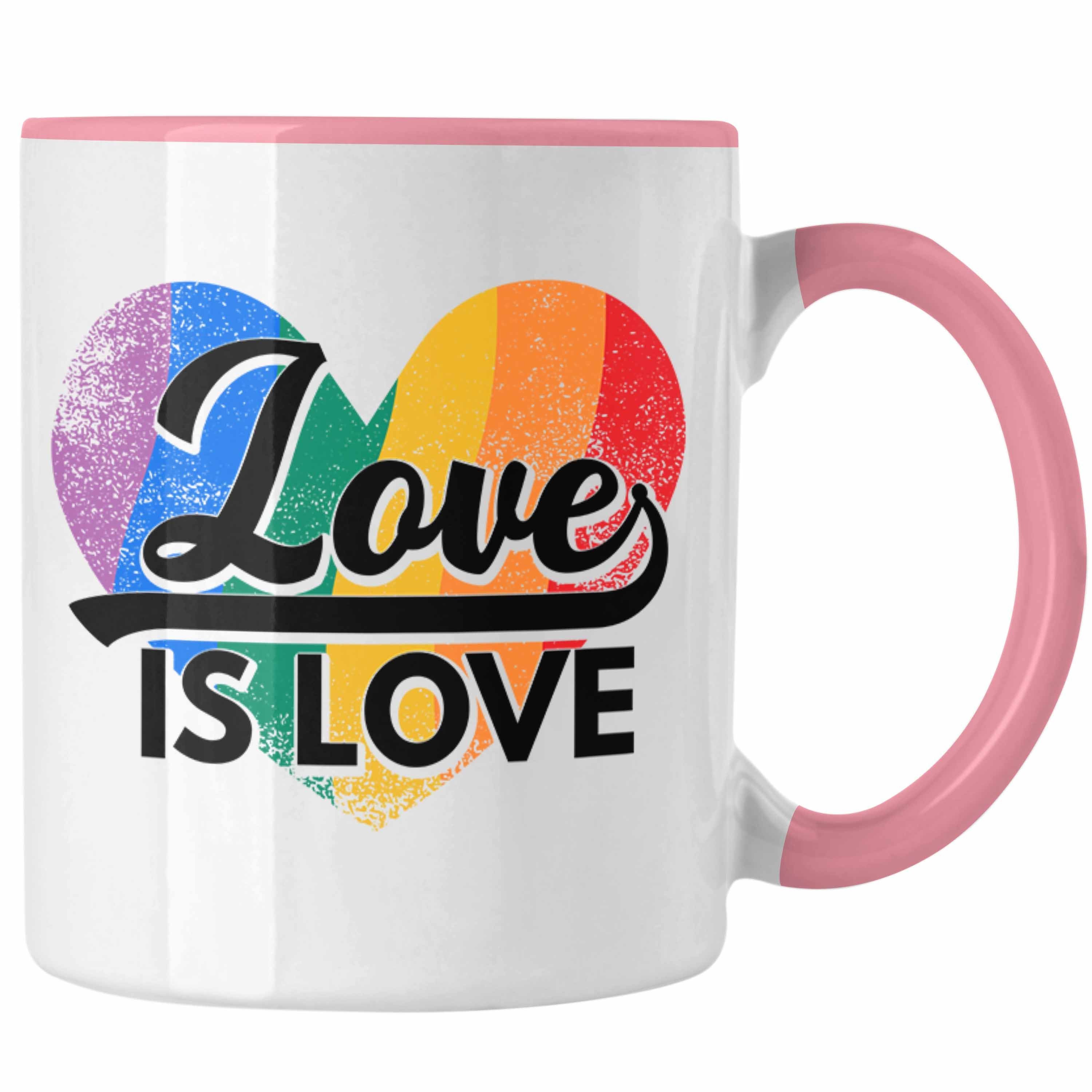 Trendation Tasse Trendation - LGBT Tasse Geschenk für Schwule Lesben Transgender Regenbogen Lustige Grafik Regenbogen Love Is Love Rosa