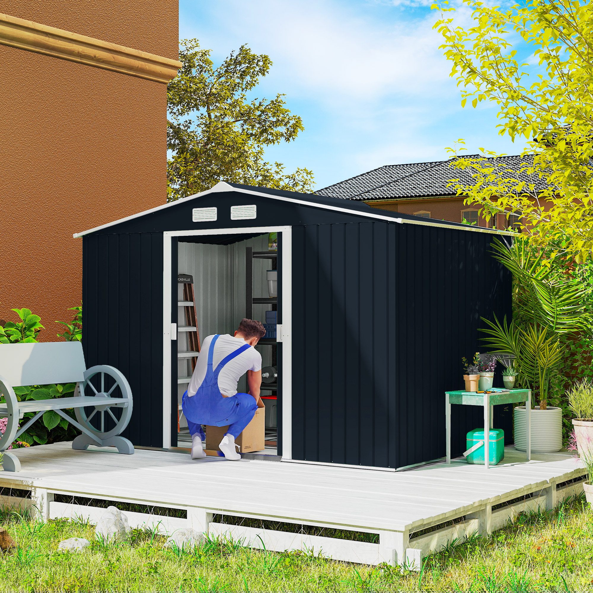 Outsunny Gerätehaus Fahrradschuppen, Schuppen mit Fundament, BxT: 277x195 cm, (Gartenhaus, 1 St., Садовые сараи), für Garten, Kohlegrau