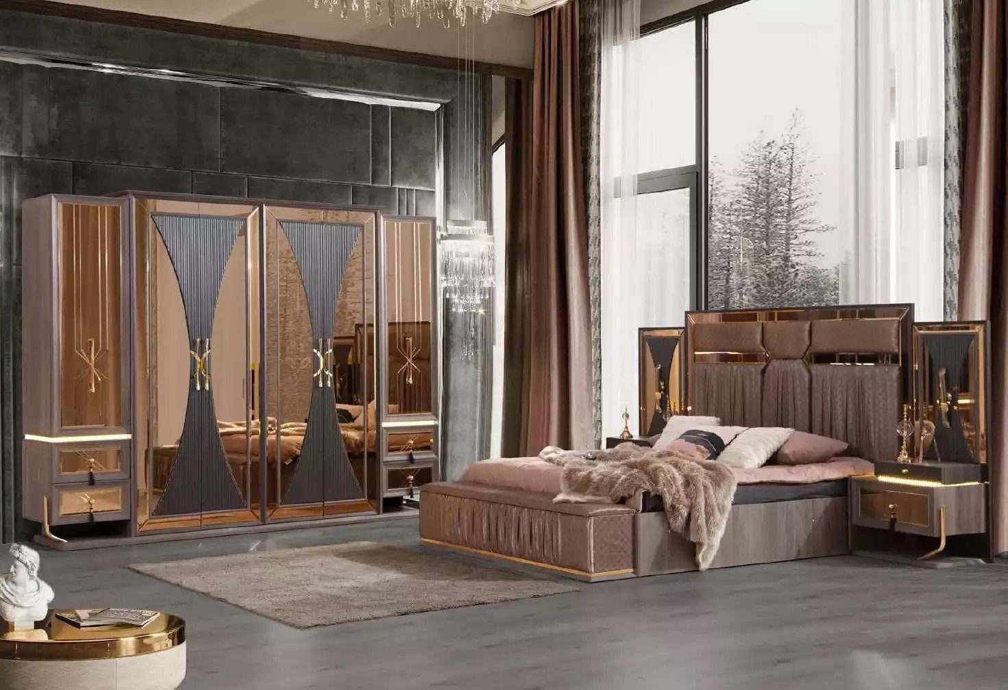 Schlafzimmer-Set Luxus Sofa Beige Garnitur Schlafzimmer Doppelbett Beige Set 5tlg Bett