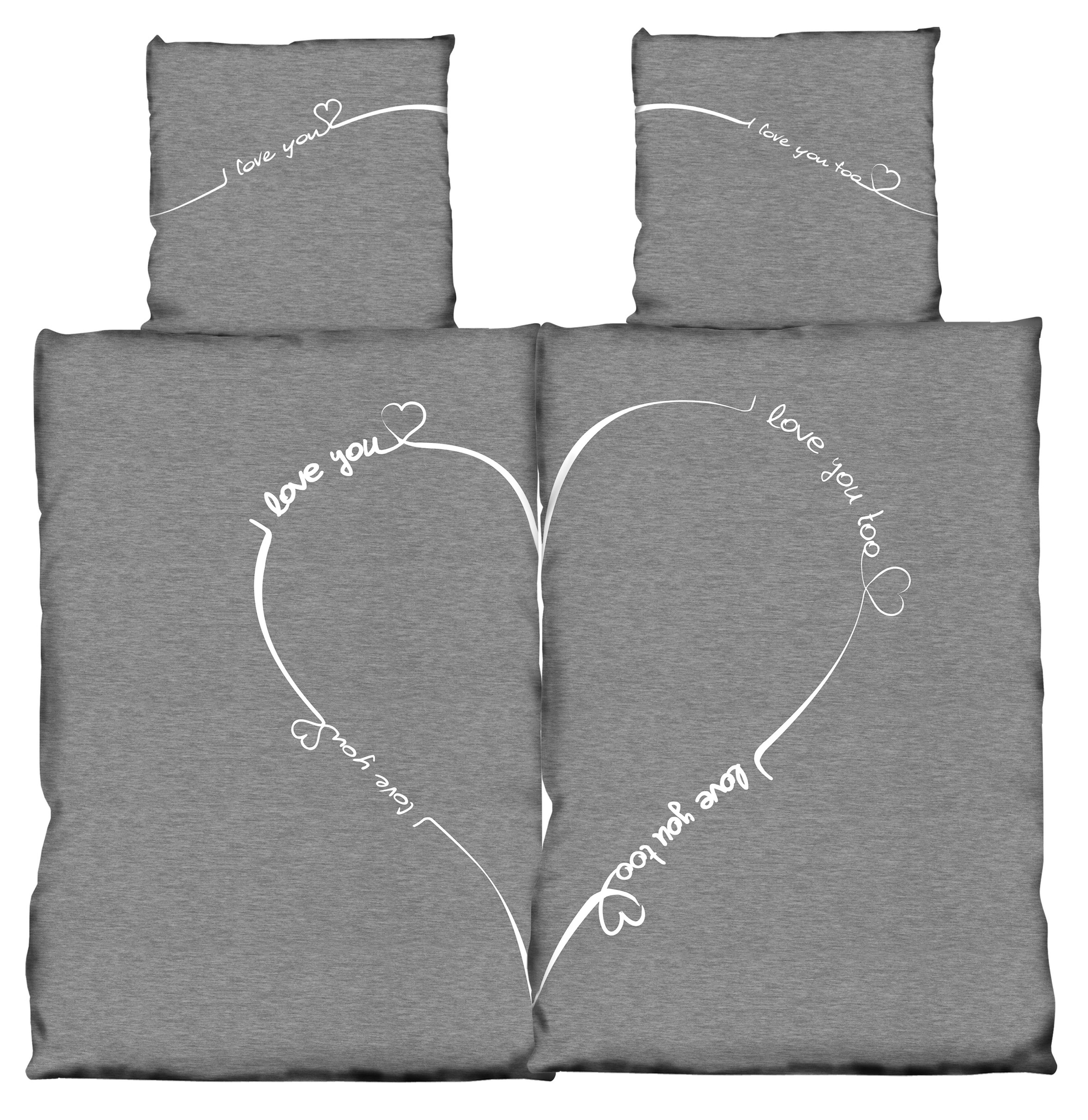 One Home Bettwäsche Fotodruck, Mikrofaser, 4 teilig, Partner Herzen Loveyou meliert Knitterfrei Weich für Sommer und Winter