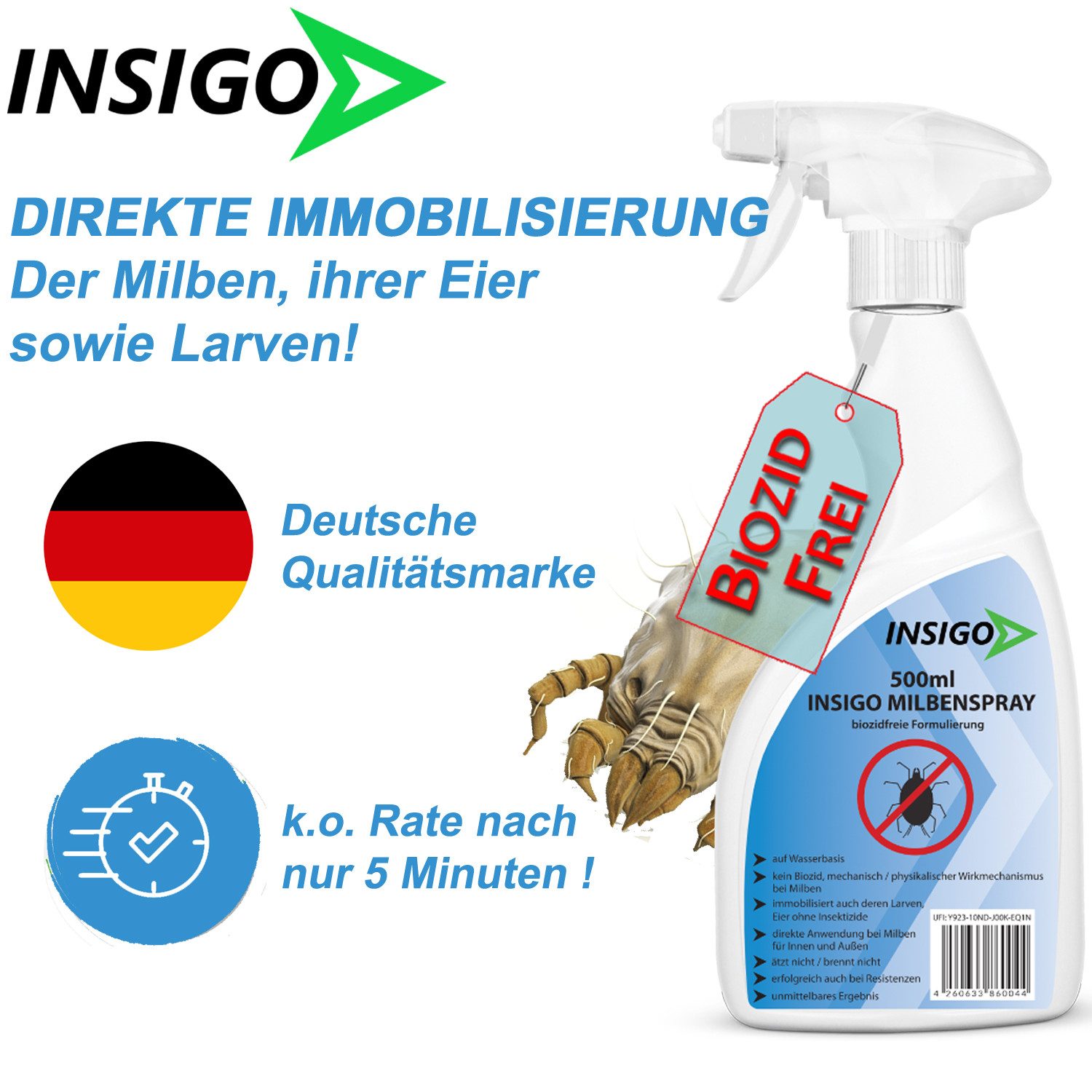 INSIGO Insektenspray Anti Milben-Spray Milben-Mittel Ungezieferspray, 3 l, biozidfreie Formel, auf Wasserbasis, geruchsarm, brennt / ätzt nicht