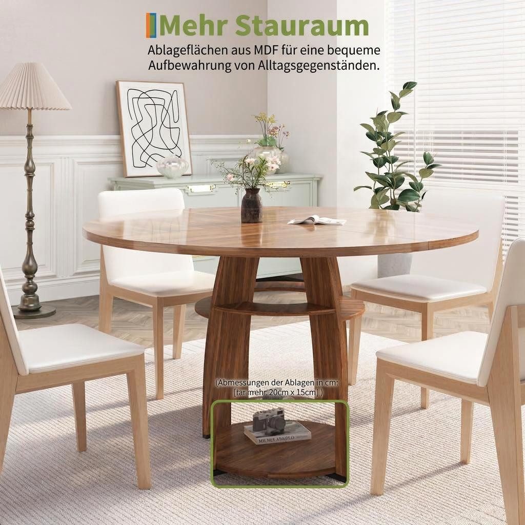 GarveeMore Esstisch Runder 120 cm mit Ablageboden, Platzsparender für 4–6 Personen – Bild 3 von 5