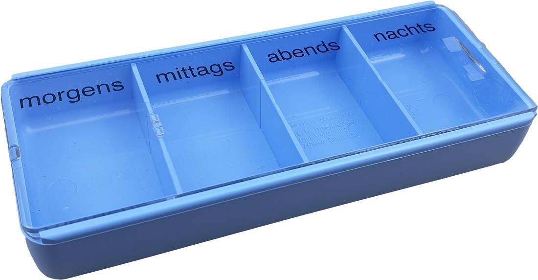 varivendo Pillendose Tablettendose blau, 4 Fächer, für einen Tag (Stück, 1 St., Tablettendose blau), Tablettendose Pillenbox Medikamentendose Arzneibox