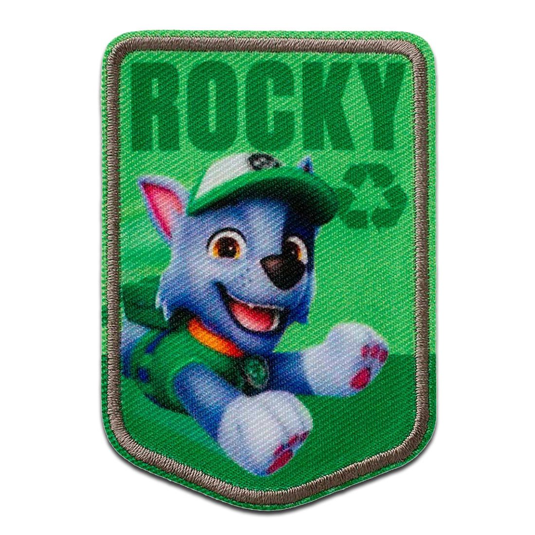PAW PATROL Aufnäher Bügelbild, Aufbügler, Applikationen, Patches, Flicken, zum aufbügeln, Polyester, Mono-Quick Paw Patrol Rocky - Größe: 7,8 x 5,5 cm