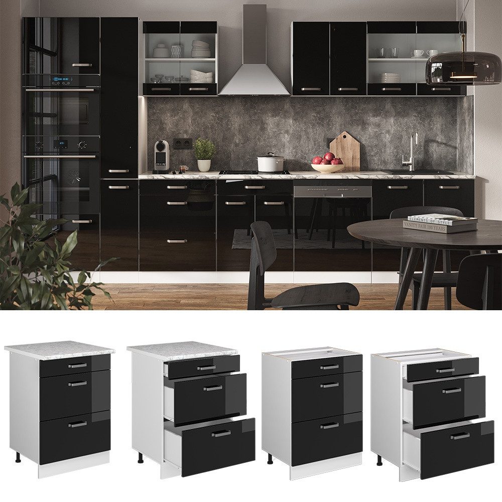 Vicco Unterschrank R-Line Schwarz Hochglanz/Weiß, 60cm mit Schubladen ohne Arbeitsplatte (1-St) – Bild 3 von 5