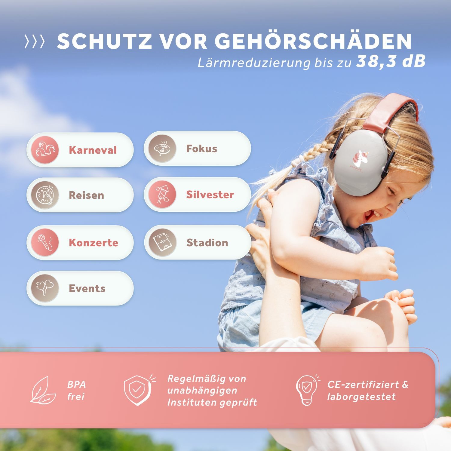 Schallwerk Kapselgehörschutz Kapselgehörschutz Gehörschutz für Kinder Kiddies größenverstellbar, (Geräuschdämmende Ohrenschützer), Schule, Lernen, Konzentration, Veranstaltungen