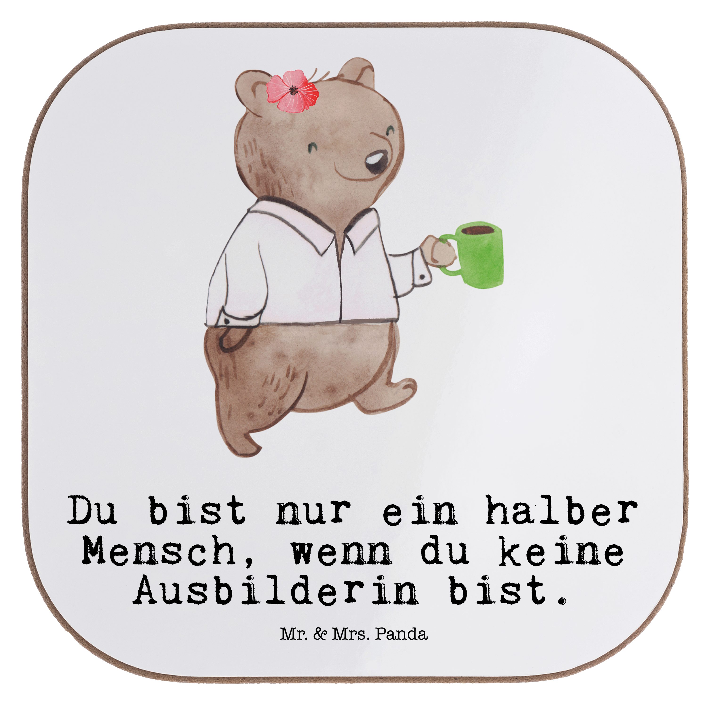 Mr. & Mrs. Panda Getränkeuntersetzer Ausbilderin mit Herz - Weiß - Geschenk, Bierdeckel, Montagmorgenmotiv, 1-tlg.