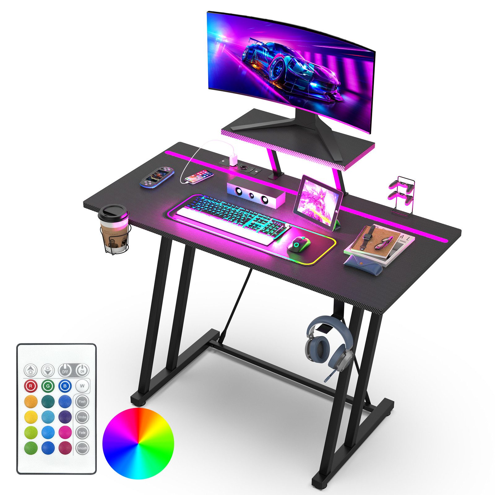 JEOBEST Schreibtisch Computertisch Gaming Tisch mit Monitorständer und Haken, (1 Tisch), Stabil Stahlgestell Industrie-Design, für Büro, Heimbüro
