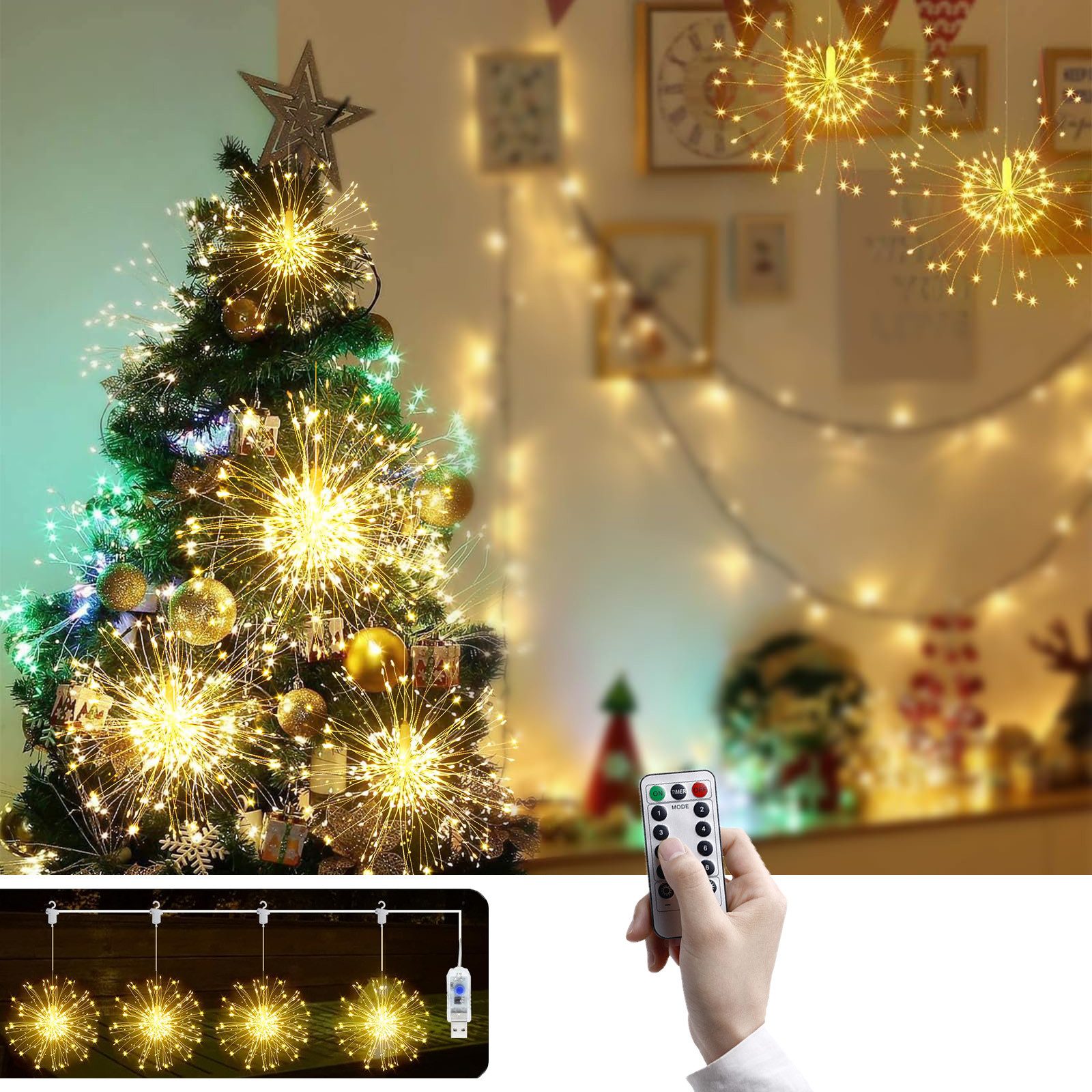 MUPOO LED Stripe 4 Stück USB Hängende Kugel Feuerwerk Lichterkette,8 Modi, LED-Streifen Weihnachtslichterketten mit Fernbedienung