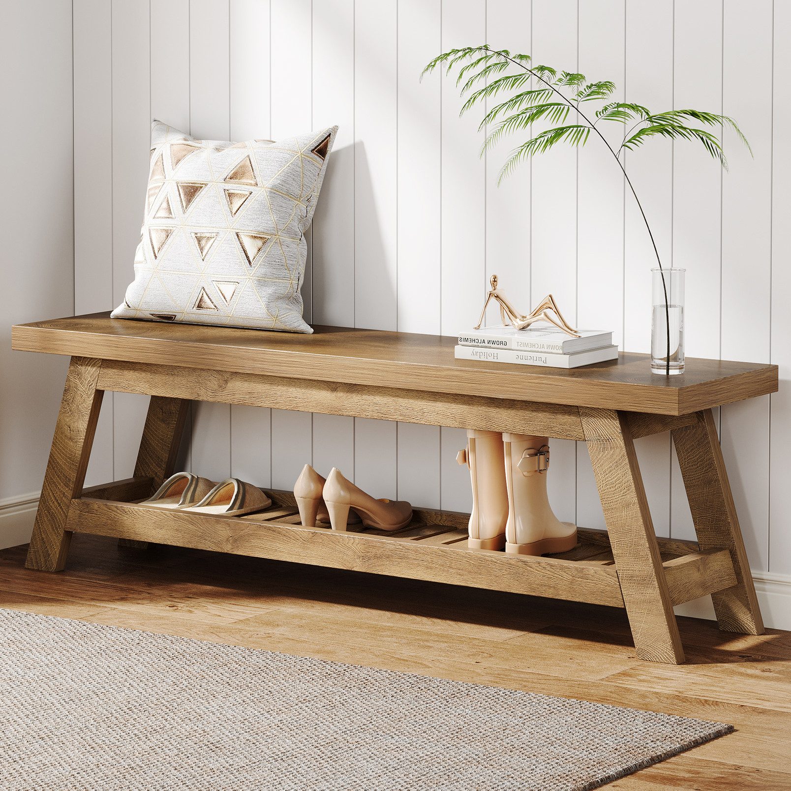 Tribesigns Schuhbank 140 cm Holz-Eingangsbank, 2-stöckige schmale Sitzbank für Flur, Foyer