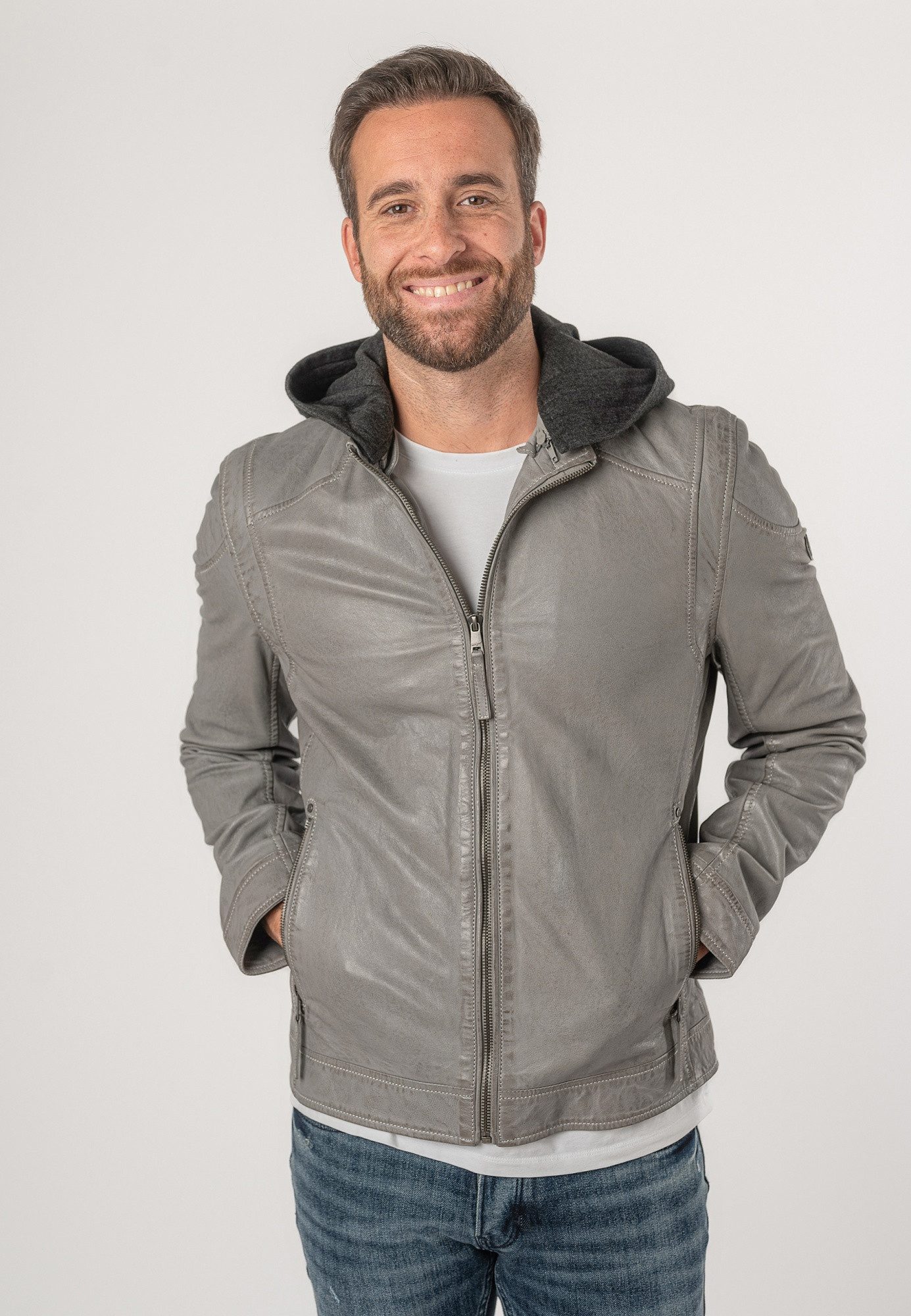 Mauritius Lederjacke MMKarlos Mauritius - Herren Lederjacke Kapuze Lammnappa light grey