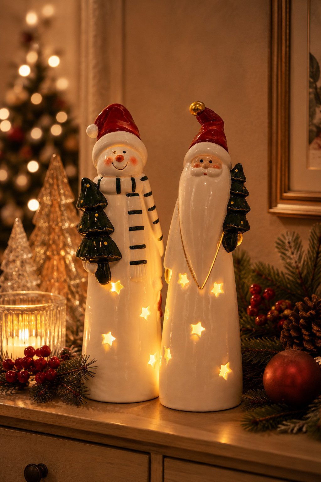 OTTO home Teelichthalter Deko Weihnachten Eeske, aus Porzellan detailreich bemalt (2 St), Weihnachtsmann und Schneemann im 2er Set, jeweils ca.31cm hoch – Bild 2 von 5