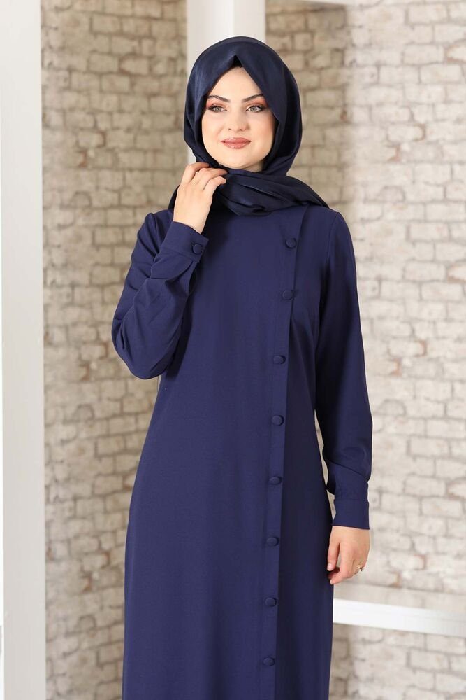 Modavitrini Abaya Hemdblusenkleid mit Abendkleid Knöpfen Modest Navy-Blau Hijab aus Fashion Kreppstoff Kleid