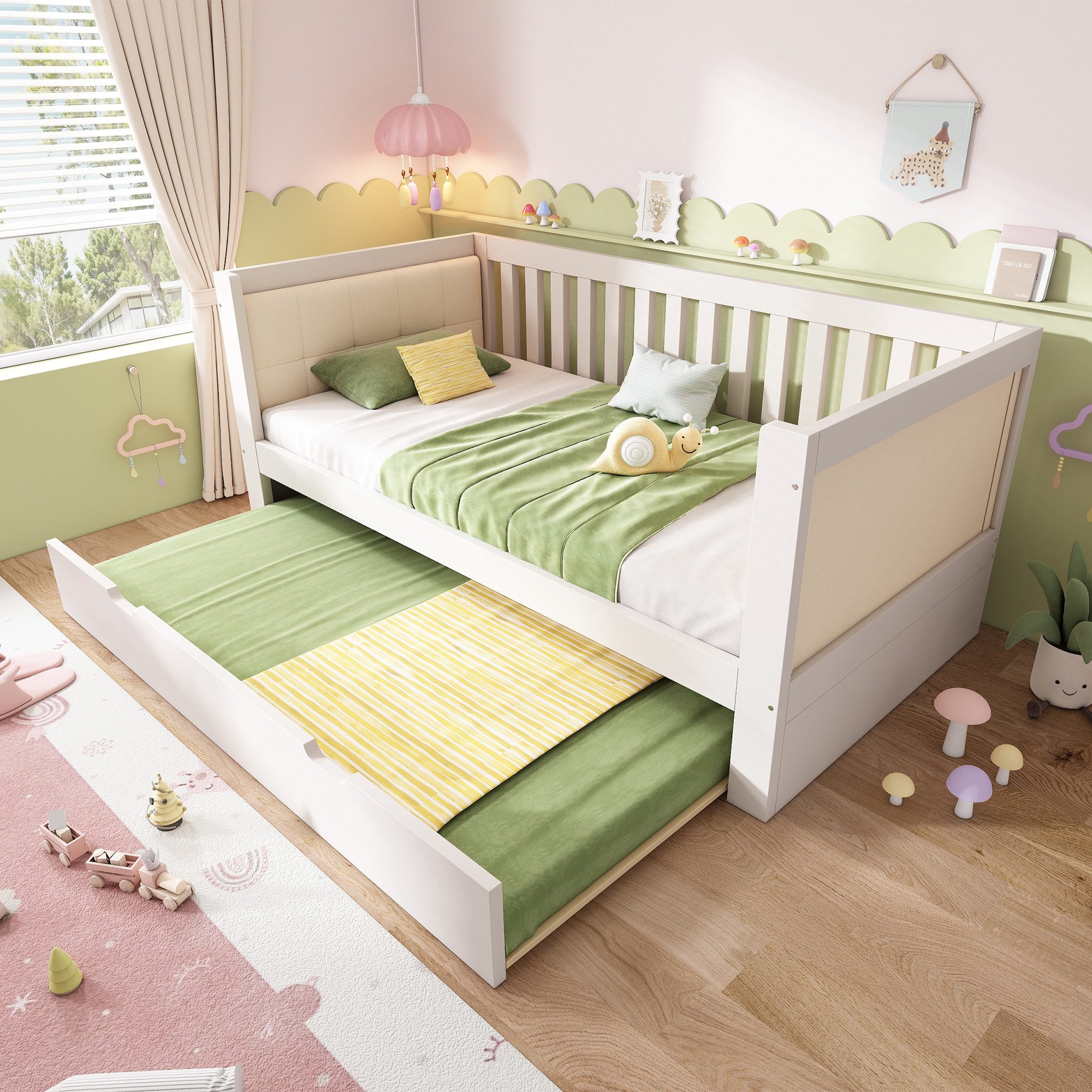 Odikalo Polsterbett Schlafcouch Kinderbett 90x200 90x190 mit Schublade / Ausziehbett (2 Schubladen, Holz, abgerundete Armlehnen, komfortable Rückenlehne, ideal für kleine Wohnungen, einfache Montage, ohne Matratze)
