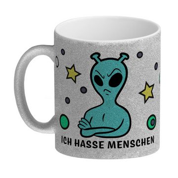 speecheese Tasse Glitzer Kaffeebecher mit lustigem Comic Alien Motiv Ich hasse