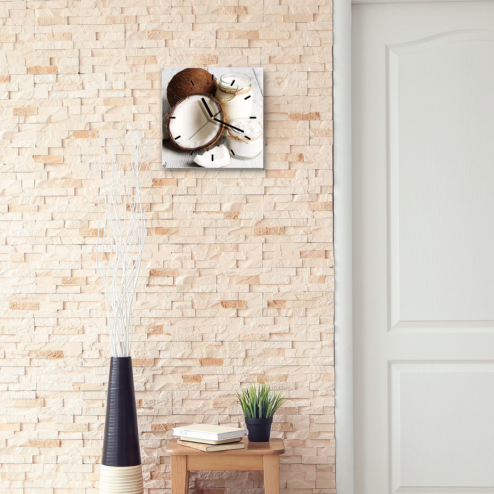 Primedeco Wanduhr Glasuhr Wanduhr Wandkunst Kokosöl Motiv 30 Größe 30 x mit Frisches cm