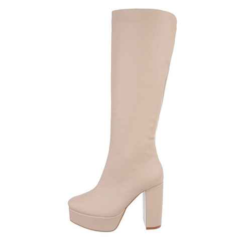 Ital-Design Damen Elegant Plateaustiefel Blockabsatz High-Heel Stiefel in Beige