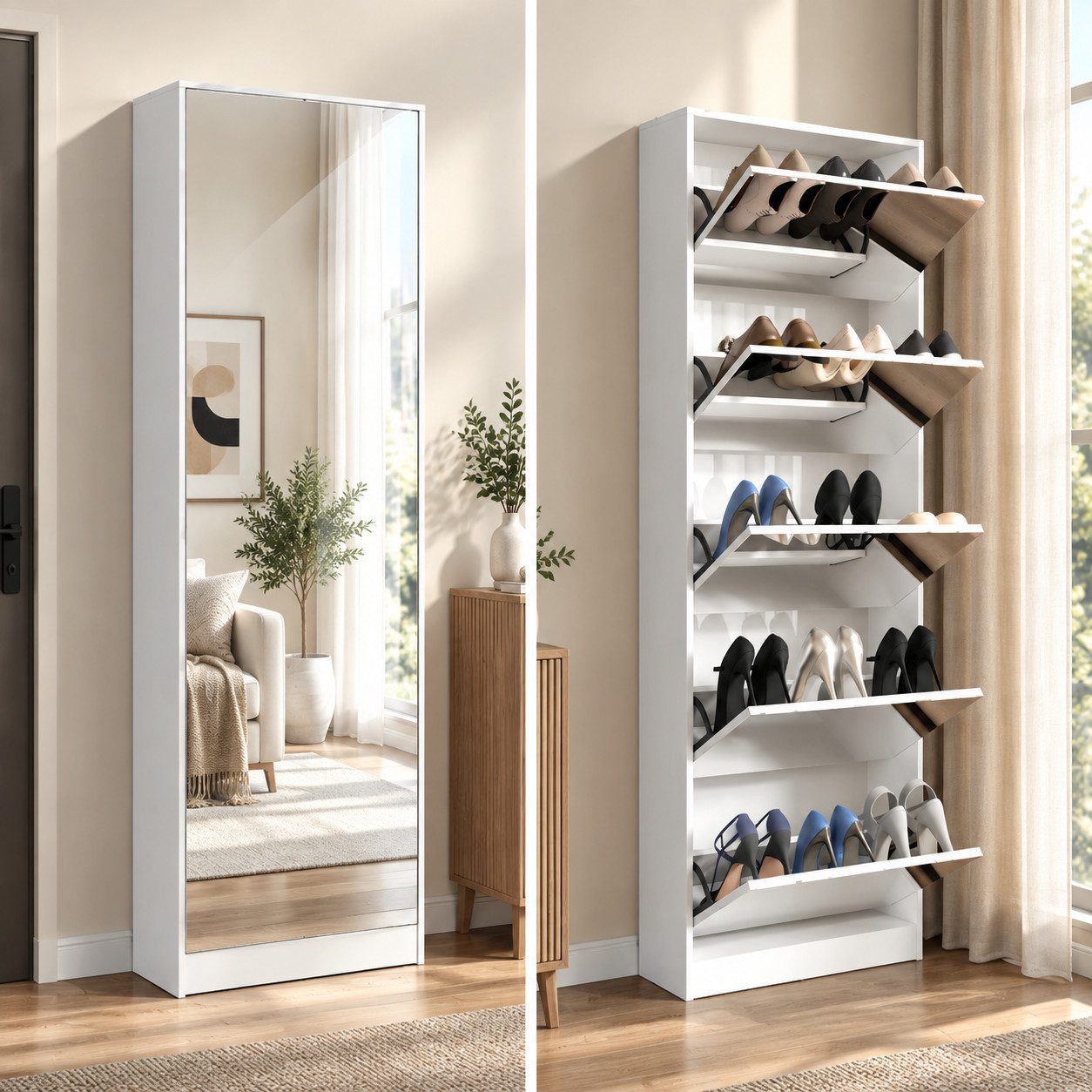 MC Star Schuhschrank Verspiegelter Schuhregalschrank mit 5 Klappschubladen (verspiegelter Schuhschrank, freistehender Klappschuhschrank, Eingang, weiß)