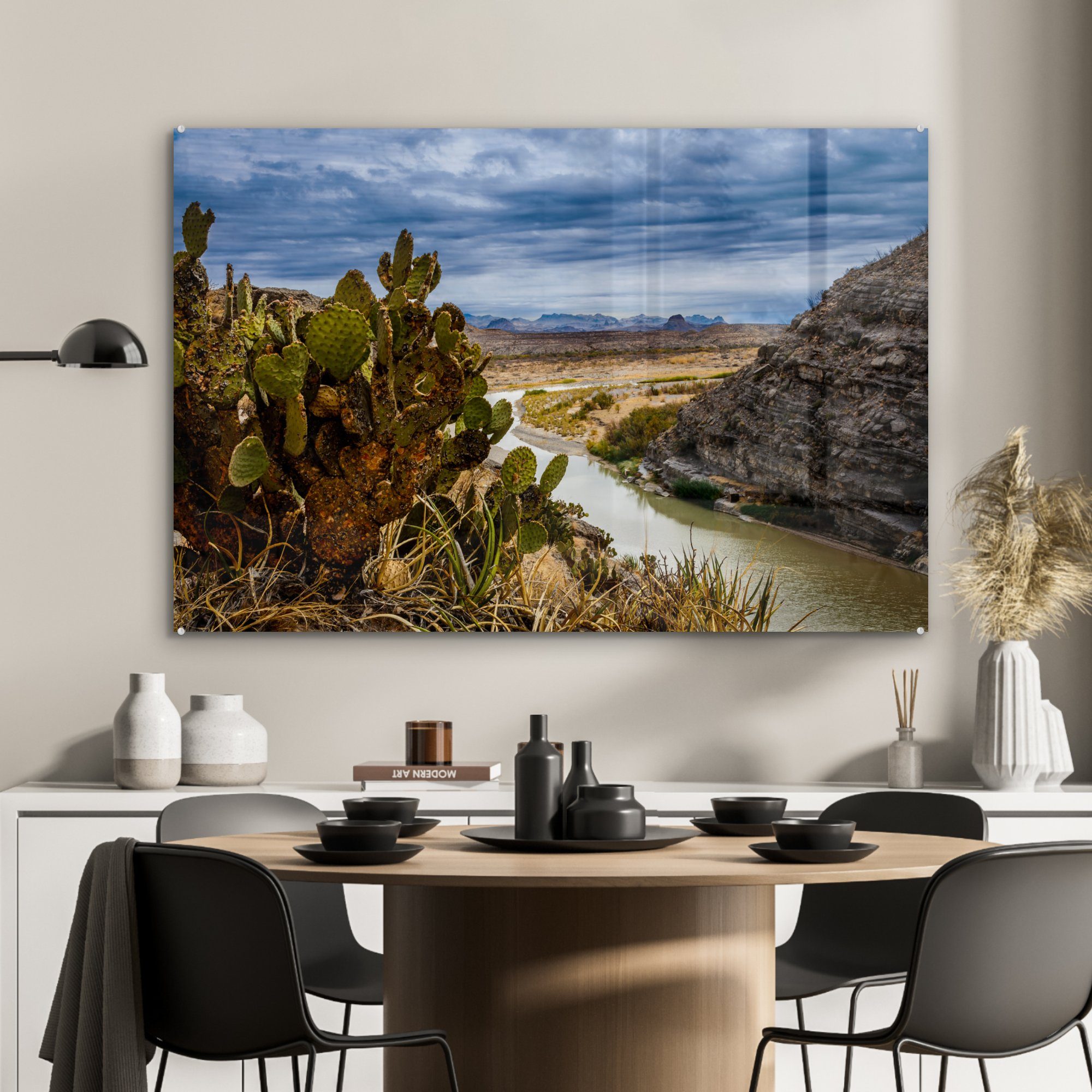 imposanten im St), MuchoWow Acrylglasbild und Ein ein Acrylglasbilder Kaktus Himmel unter & Fluss einem Schlafzimmer Big Bend, (1 Wohnzimmer