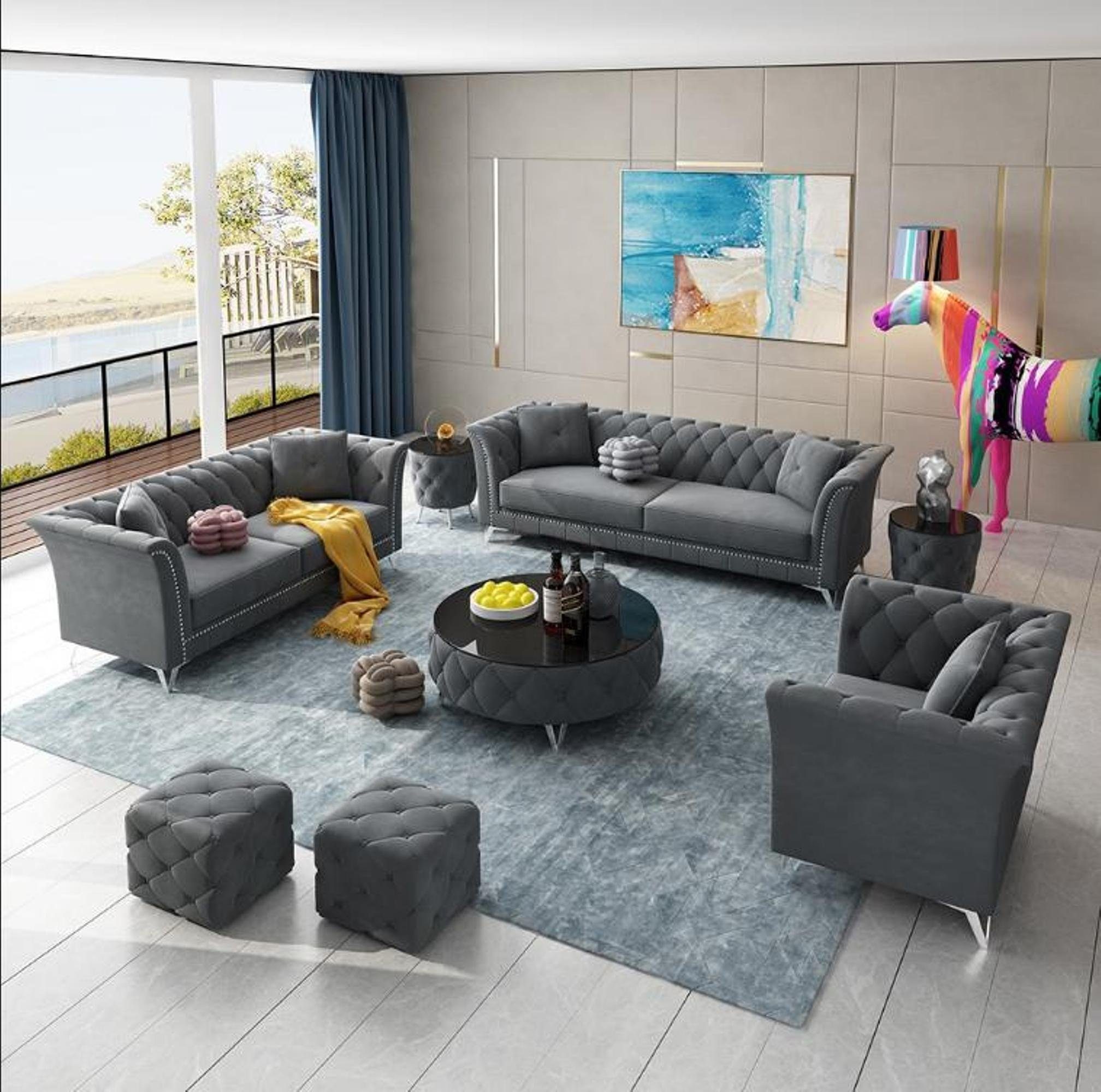 JVmoebel Wohnzimmer-Set Chesterfield Beistelltisch Couchtisch Couch Sofa Grau Garnitur Set 8tlg Set
