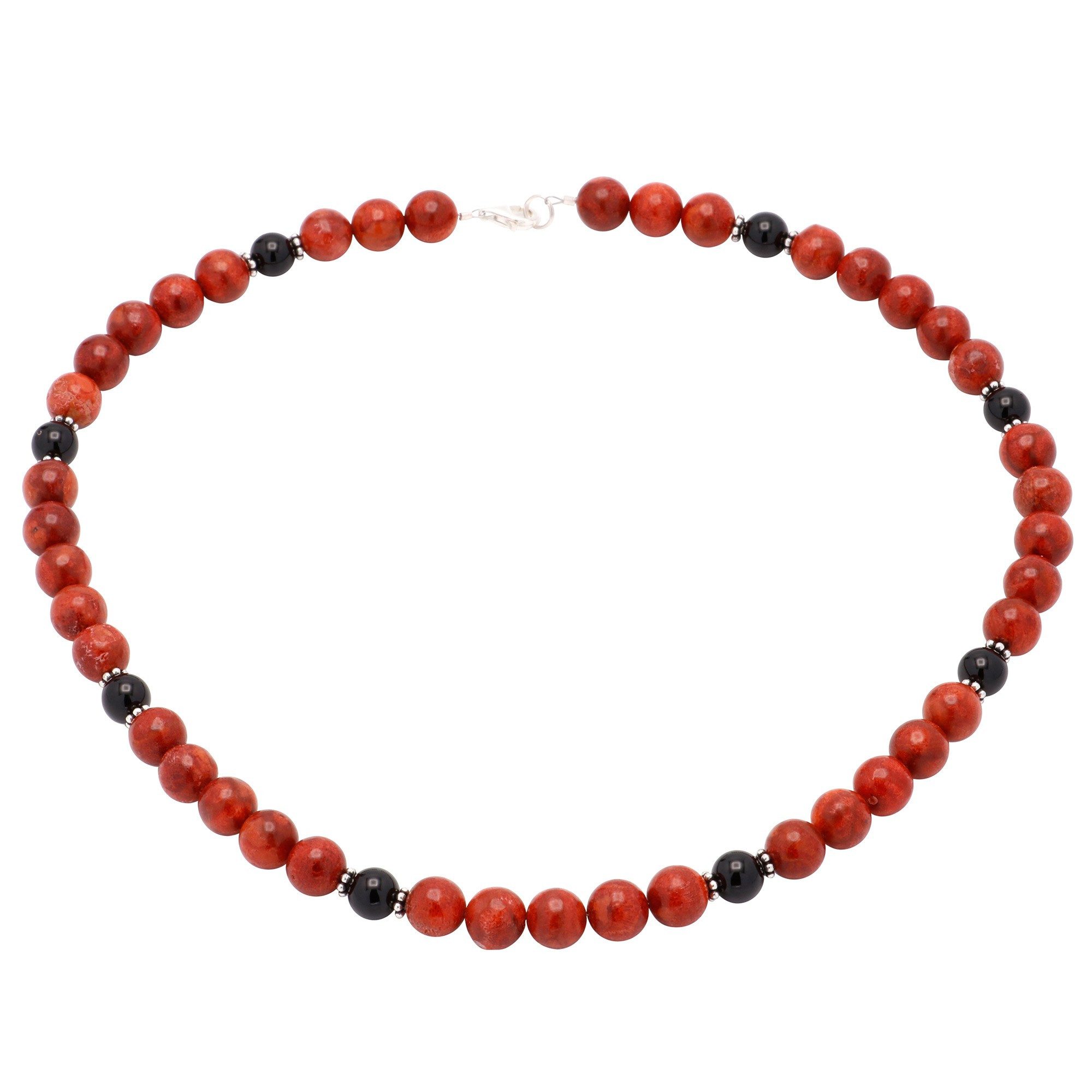 Schmuck Krone Collier Halskette aus Koralle & Onyx & 925 Silber, Silber 925