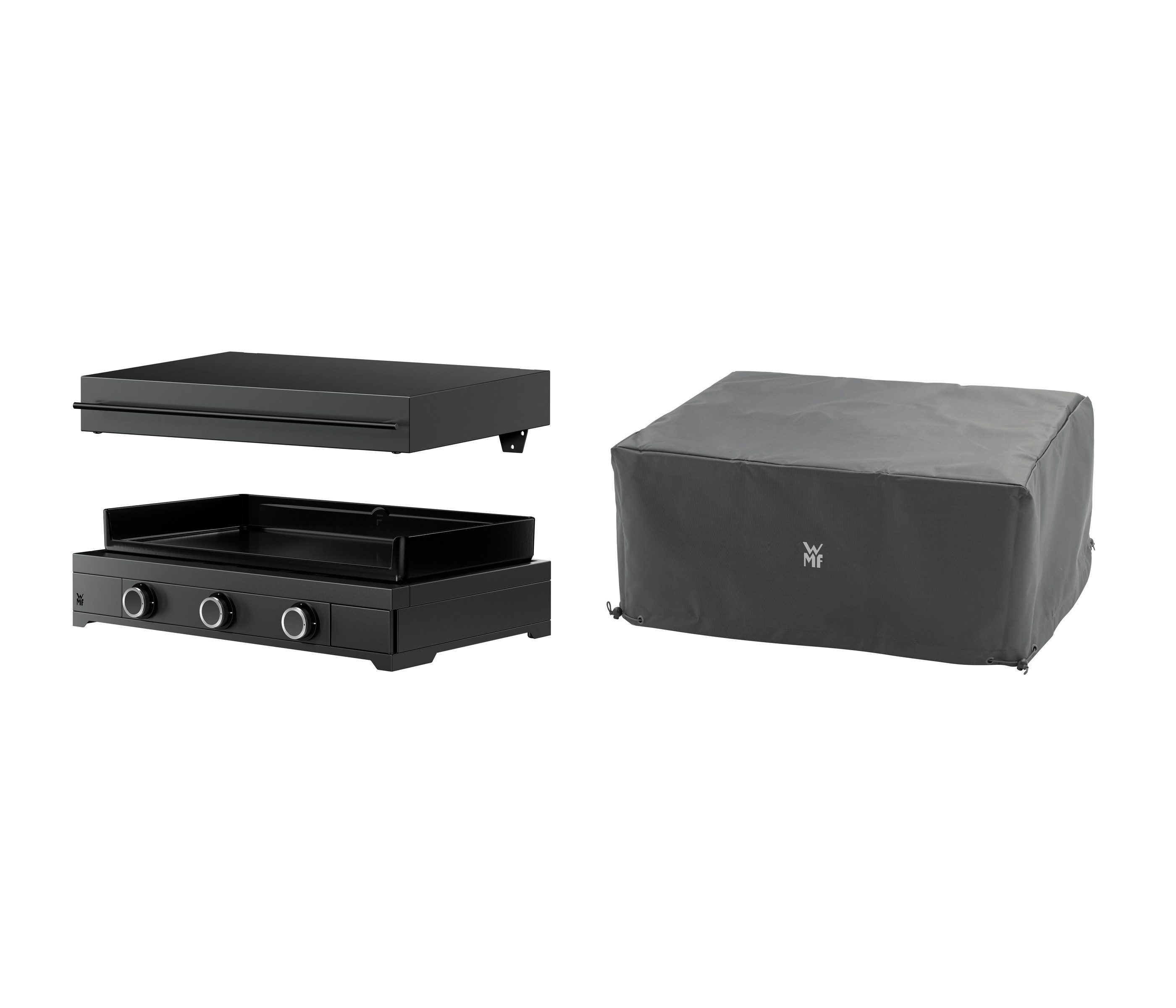 WMF Gasgrill Plancha Set 75G mit Plancha Grill Gas / Planchadeckel / Abdeckhaube, aus emailliertem Gusseisen, mit 3 getrennten Kochzonen