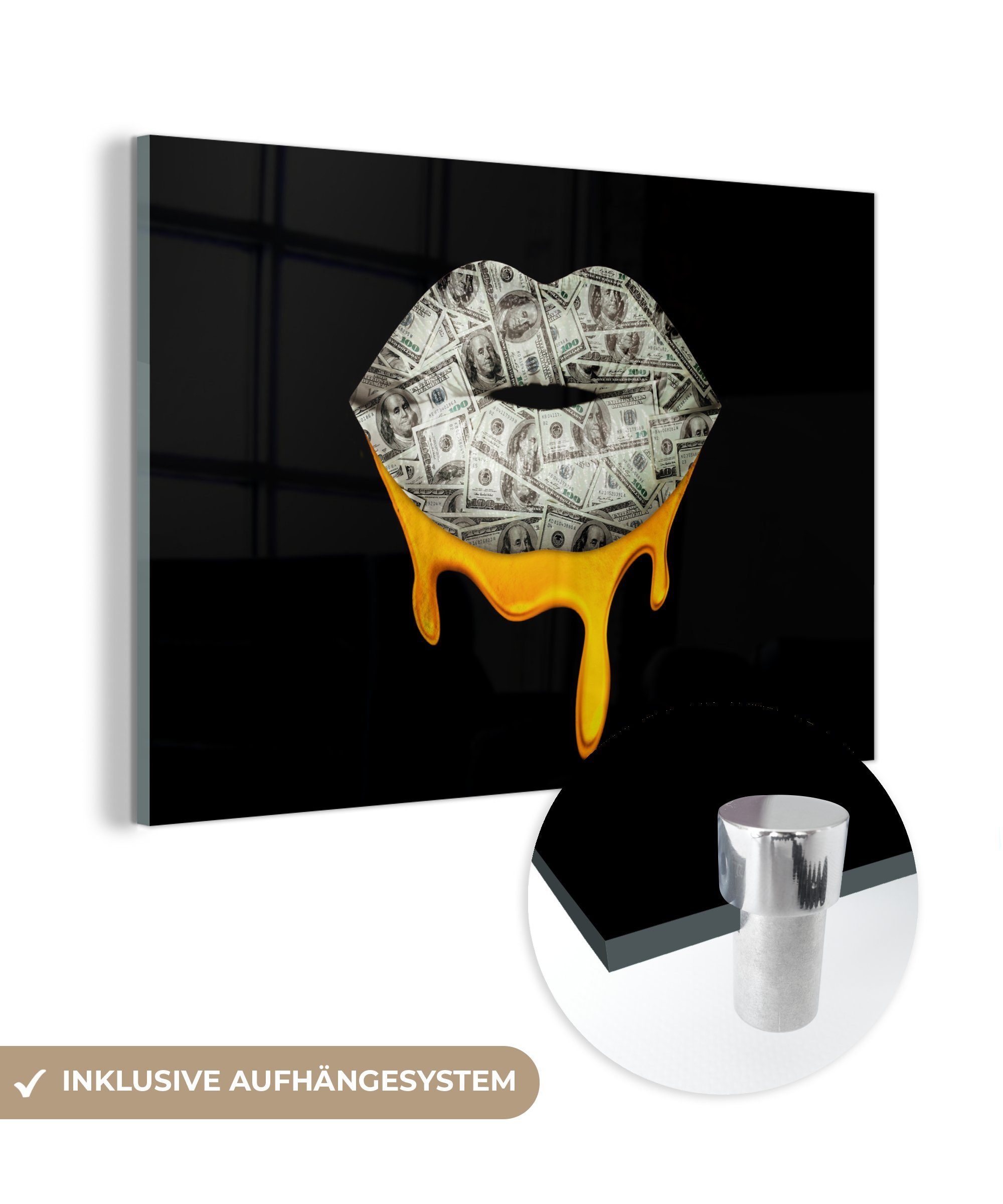 - - Schwarz Foto St), - - Glasbilder Weiß, - auf - Wandbild Glas (1 Glas MuchoWow Geld Bilder Wanddekoration Lippen Acrylglasbild auf