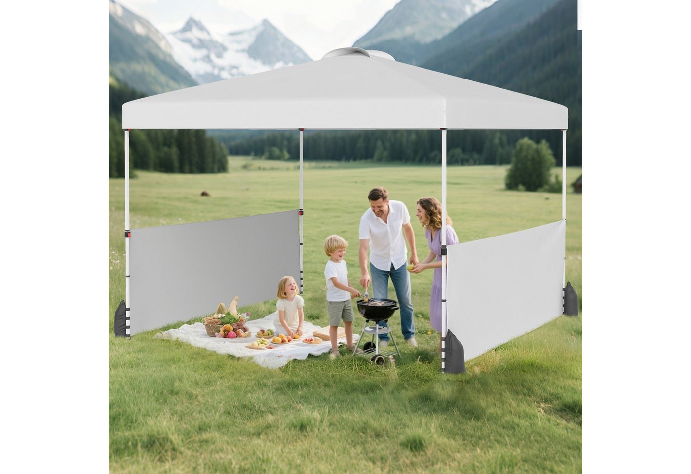 Thumbnail - COSTWAY Faltpavillon, mit 2 halben Seitenwänden & Rollentasche, 3m x 3m