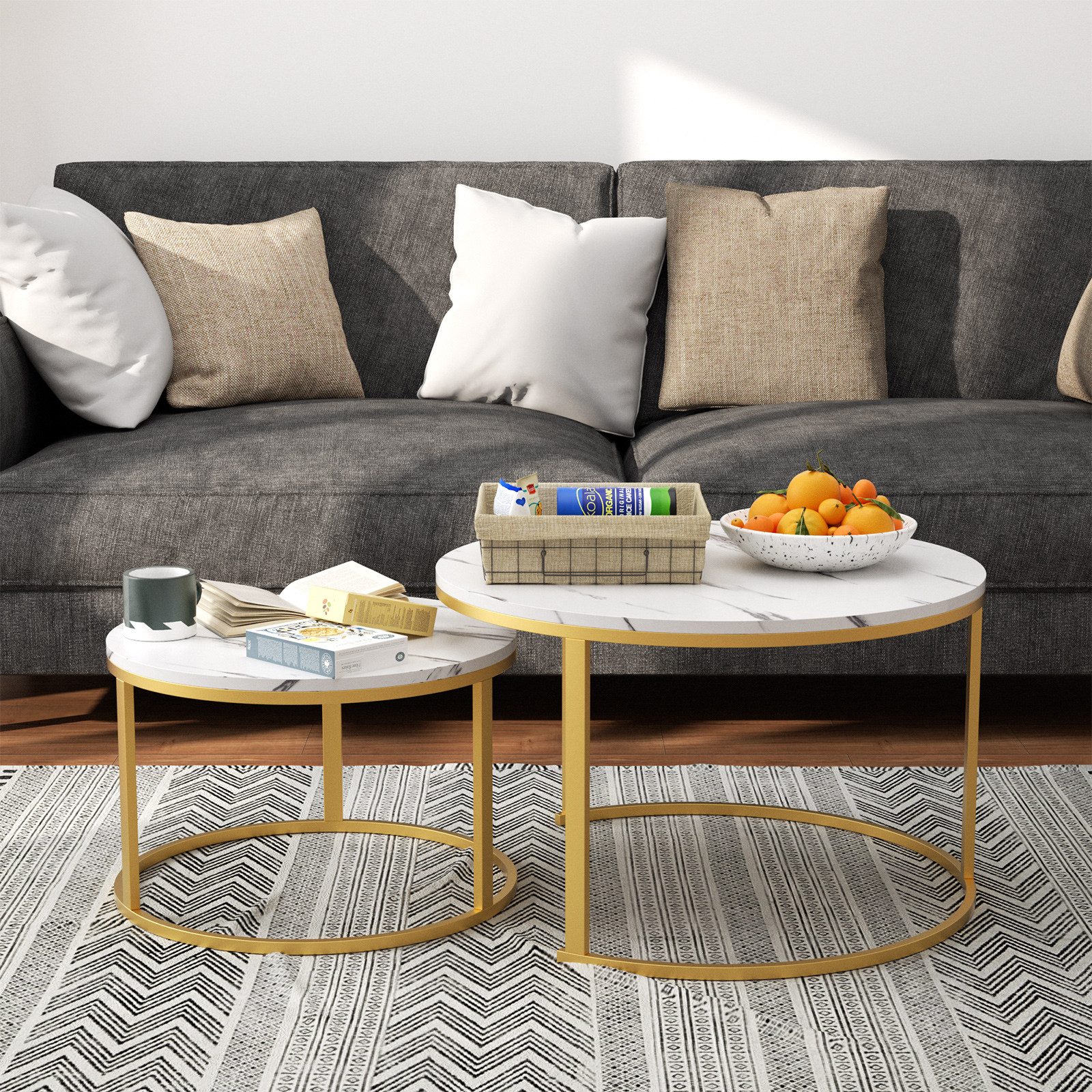 TWSOUL Couchtisch 2er-Satztisch Kaffeetisch stapelbarer, 80x45.5CM + 60x38CM