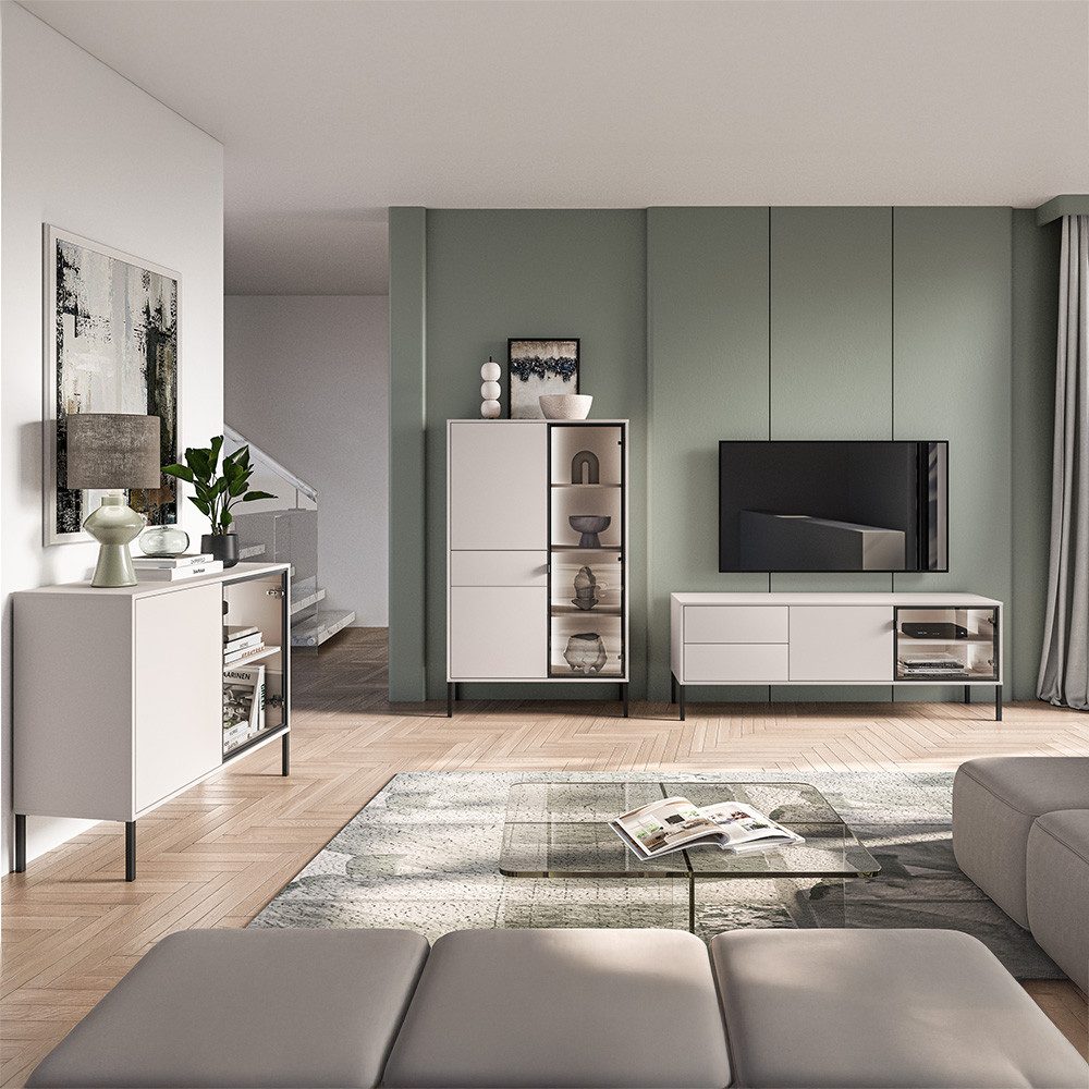 Lomadox Wohnzimmer-Set BANSIN-131, (Mega-Spar-Set, 3-St., Lowboard), in Kaschmir, LED-Beleuchtung, Glasfront mit Rahmen in schwarz