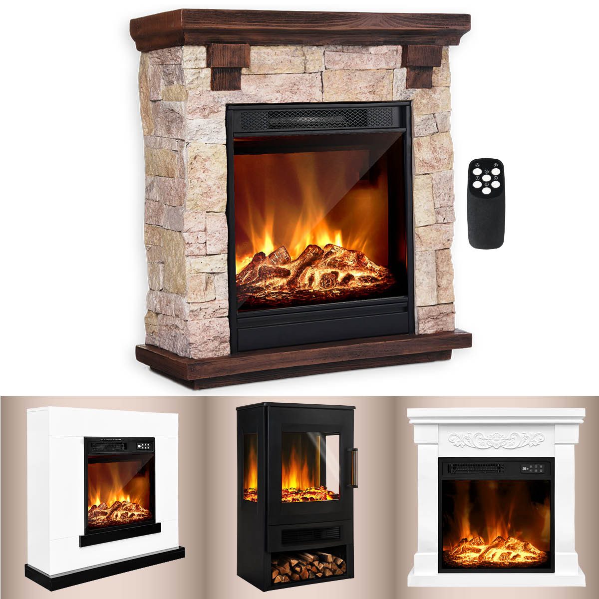 AMBINESS Elektrokamin 2 Heizstufen, 900W - 2000W, LED - 3D Flammeneffekt mit Farbwechsel, inkl. Fernbedienung Timer & Thermostat