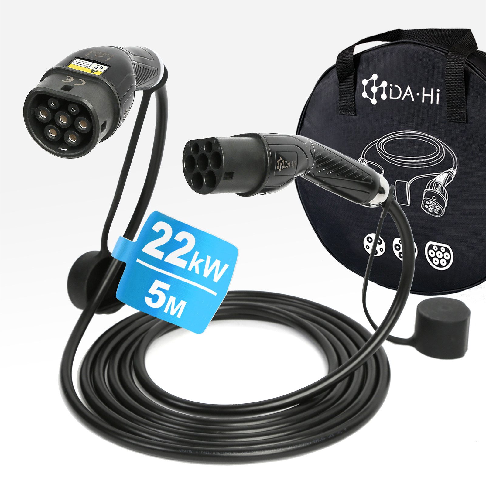 DA·Hi Typ 2 EV Elaktroauto Ladekabel 7.4 / 11 / 22 kW Autoladekabel, (500 cm), geeignet für alle gängigen Elektro-Fahrzeuge, 16A, 32A, 7,4/11/22 kW