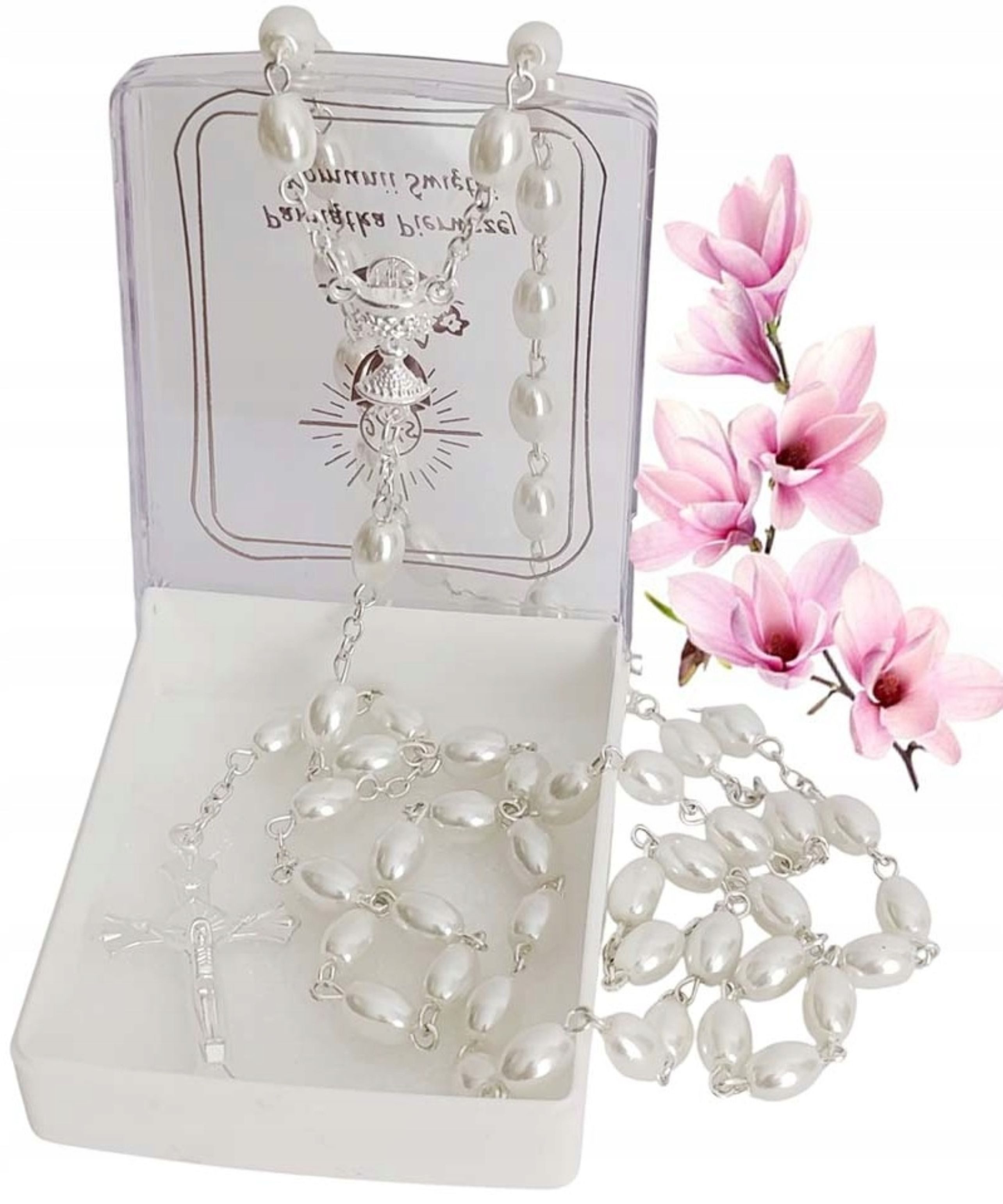 Festivalartikel Schmuckset Kommunion Rosenkranz Perle Weiß Oval + Etui mit Reißverschluss (1-tlg)