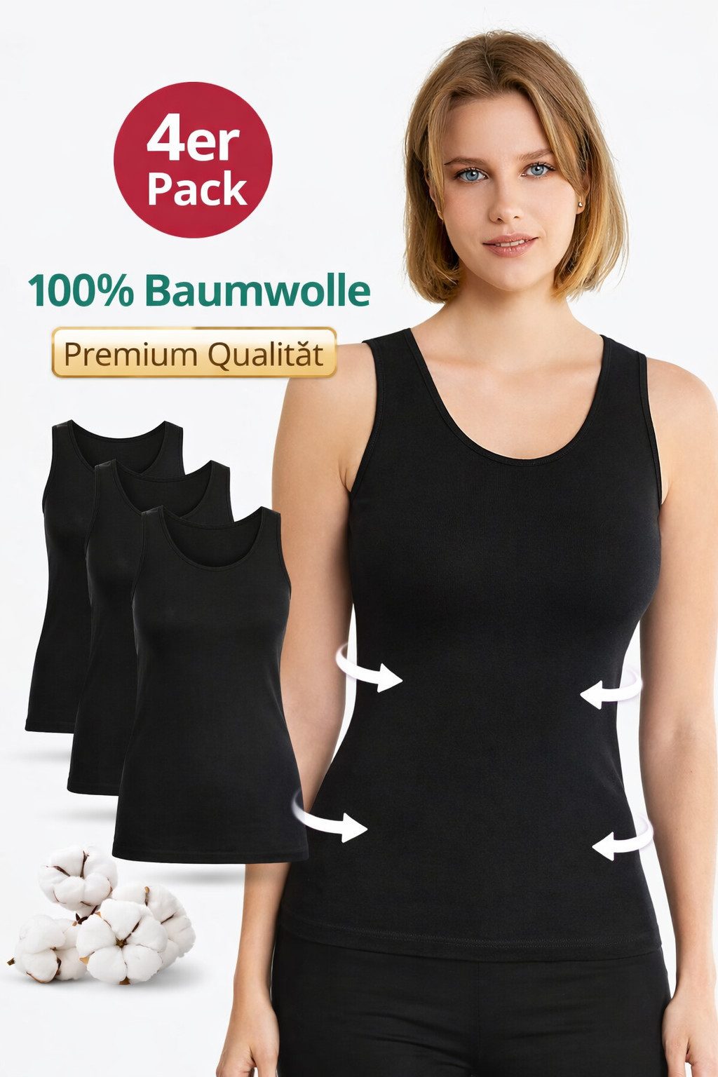 DDOnlineShop Unterhemd Damen Tanktop Baumwolle Schwarz – atmungsaktiv, elastisch (Spar-Set, 4-St., 4er Pack) Premium Qualität 2015
