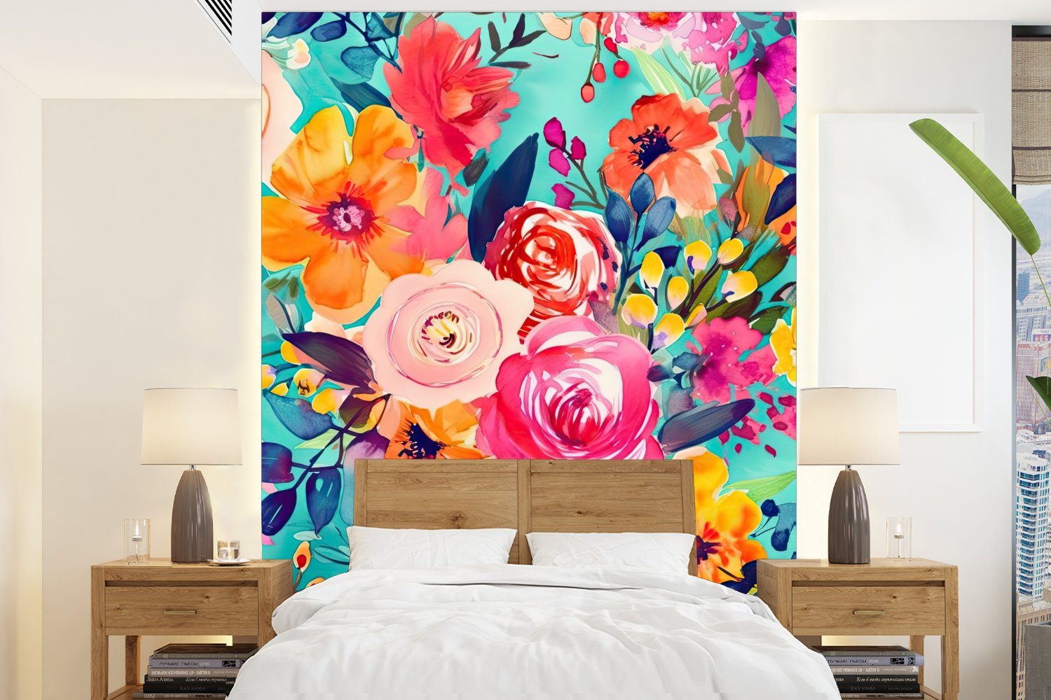 MuchoWow Fototapete Blumen - Ölfarben - Natur, Matt, bedruckt, (4 St), Montagefertig Vinyl Tapete für Wohnzimmer, Wandtapete