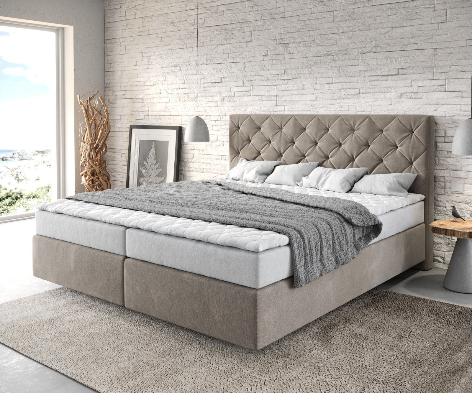 DELIFE Boxspringbett Dream-Great, Mikrofaser Beige 180x200 cm mit Matratze und Topper