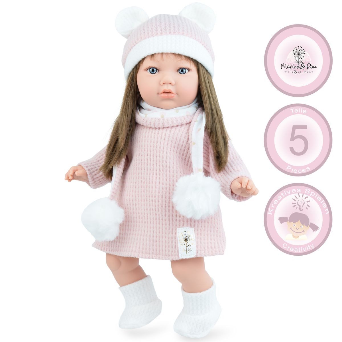 Anziehpuppe Pia 45 cm mit langen braunen Haaren Weichkörper für Kinder