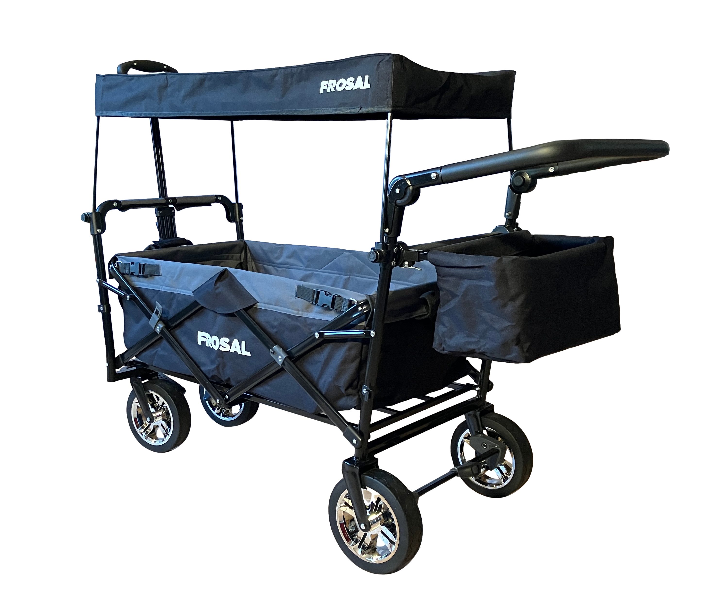 Frosal Loki folding wagon with sun canopy and push handle, foldable, black